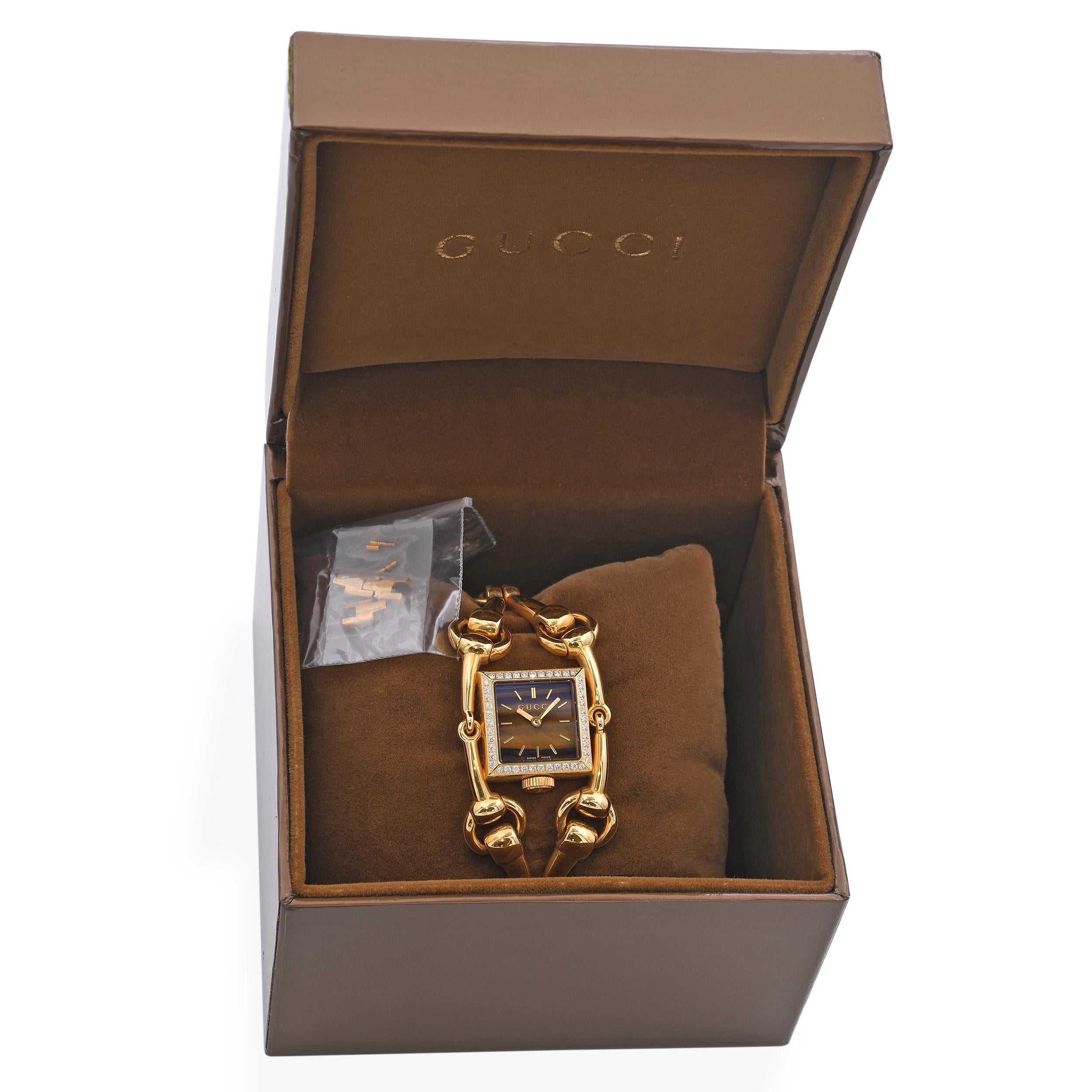 Gucci 18K Yellow Gold Horsebit 'Signoria' Diamond Bezel Tigers Eye Women's Watch
