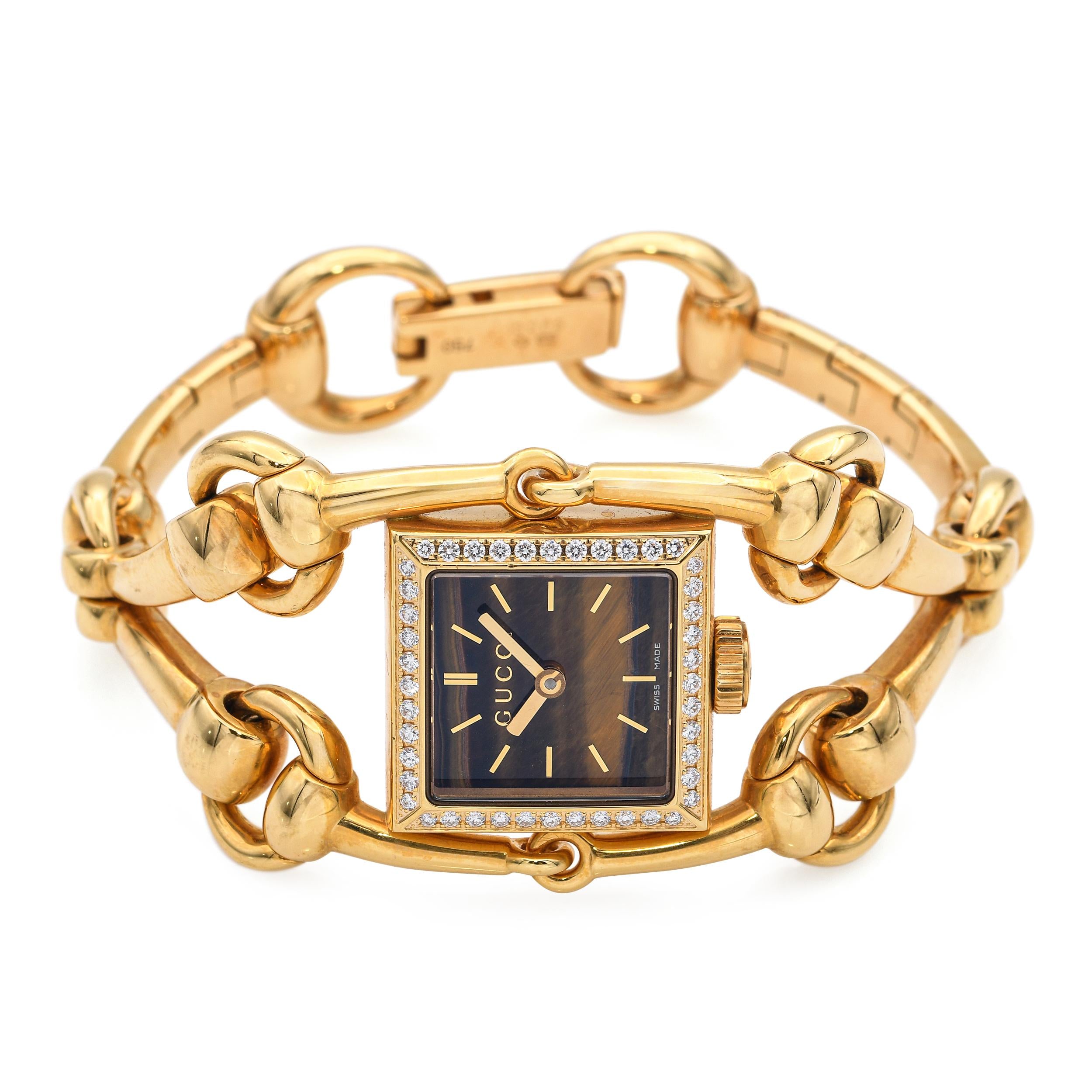 Gucci 18K Yellow Gold Horsebit 'Signoria' Diamond Bezel Tigers Eye Women's Watch