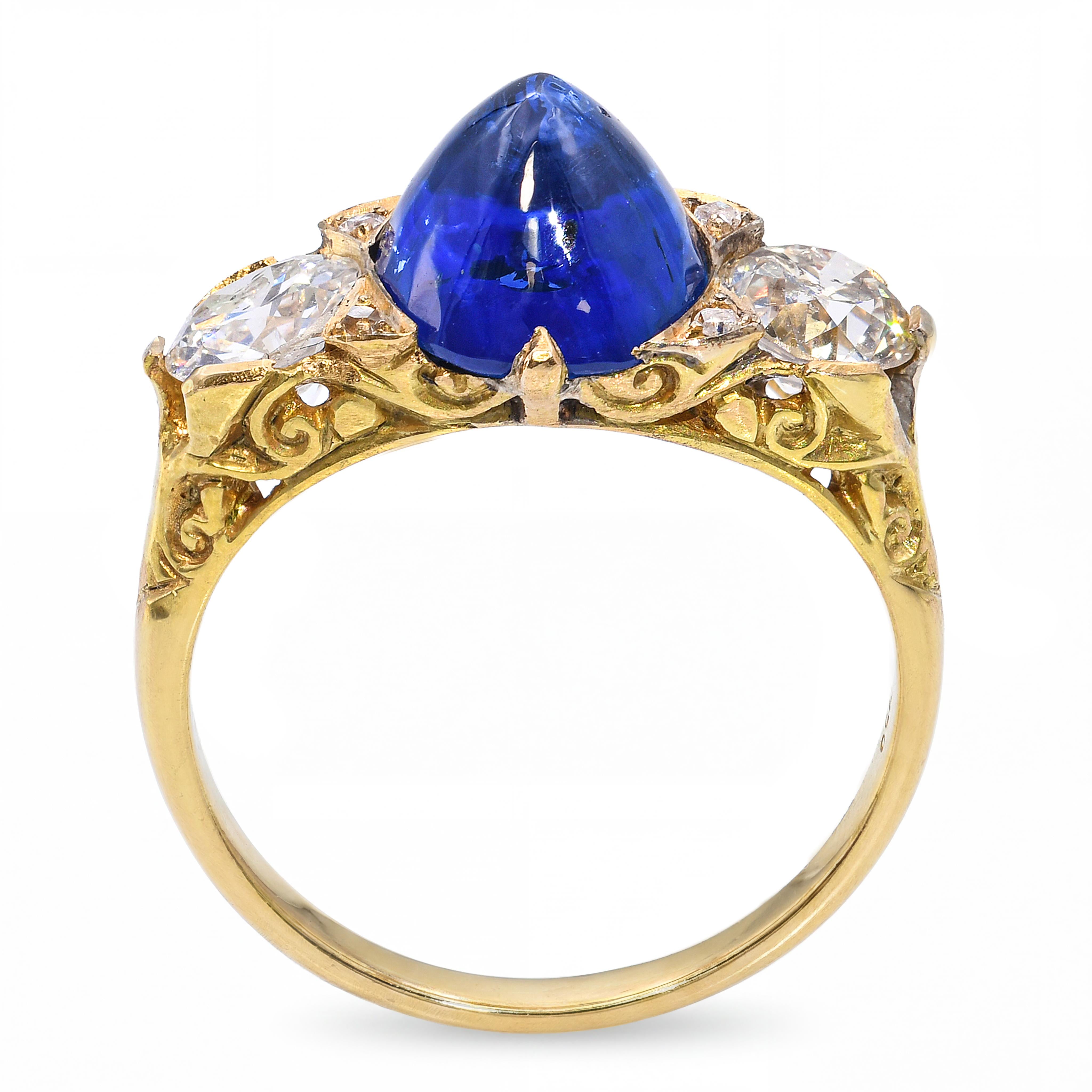 Antique 18k Yellow Gold 3.0ct Cabochon Sapphire and 1.0tcw Old Euro Diamond Ring