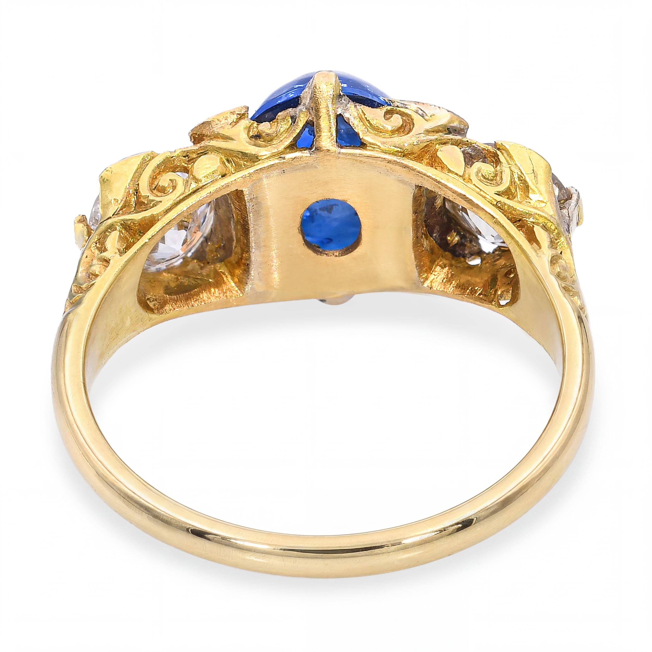 Antique 18k Yellow Gold 3.0ct Cabochon Sapphire and 1.0tcw Old Euro Diamond Ring