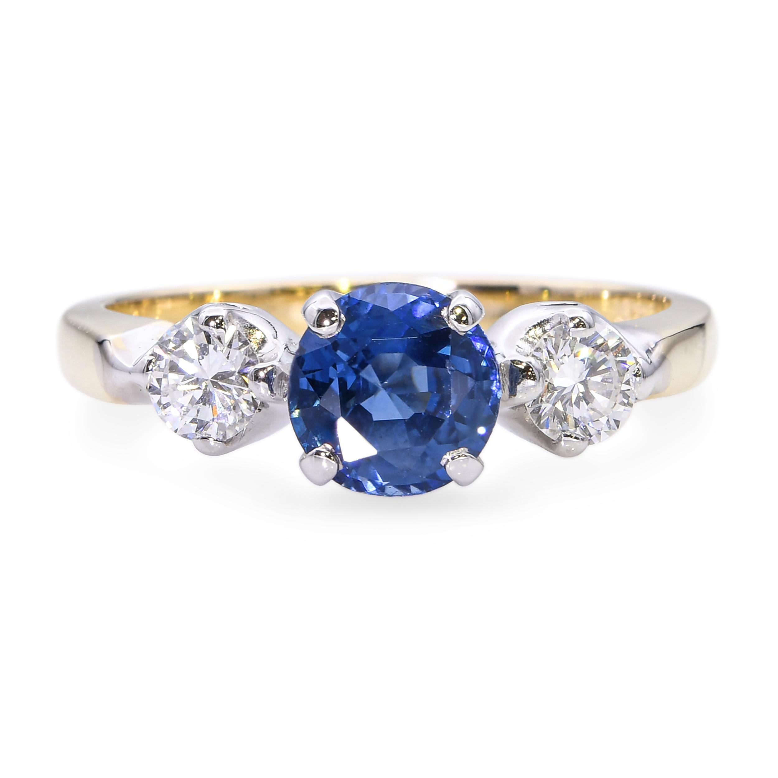 Vintage 14k Yellow Gold .85ct Sapphire and Diamond Three Stone Ring
