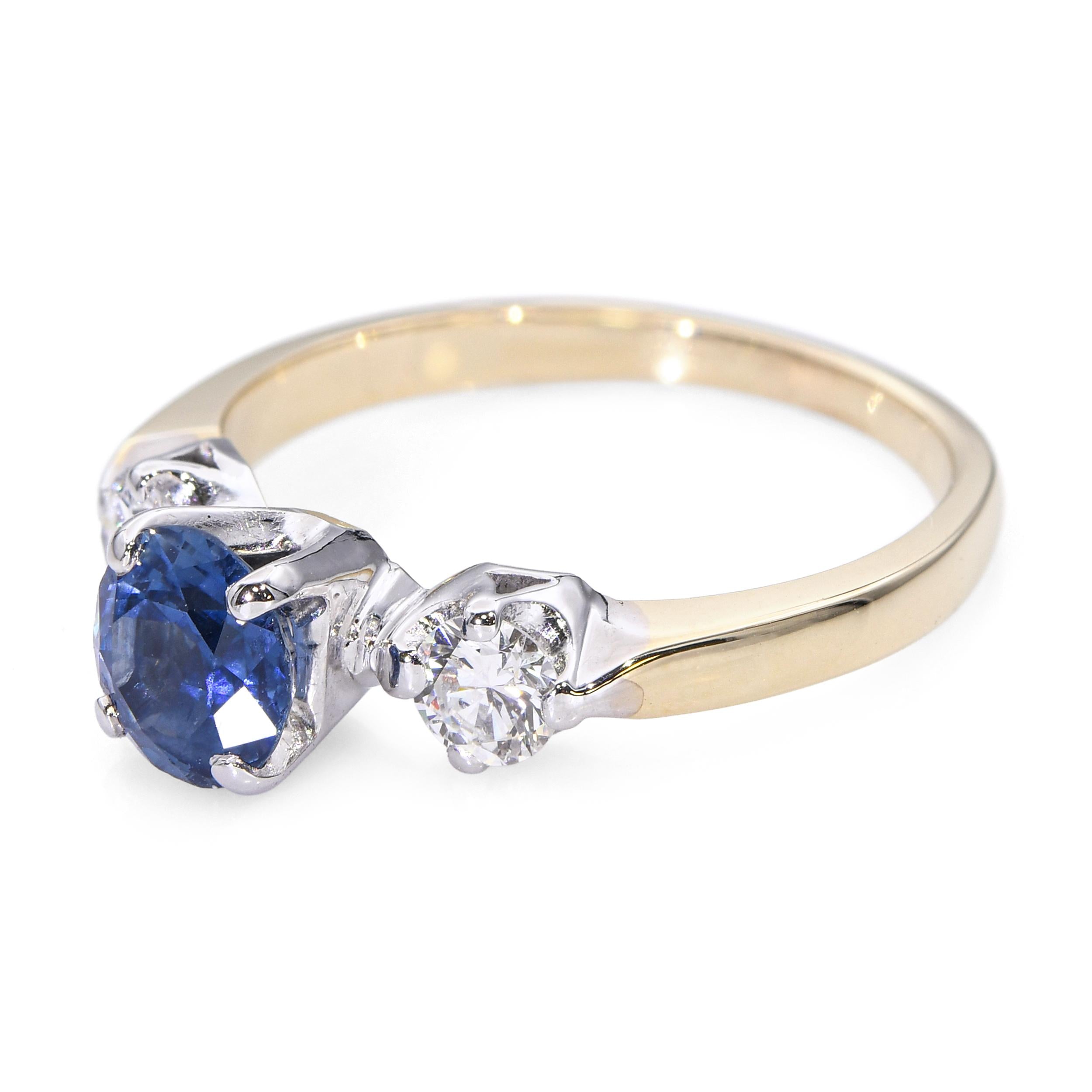 Vintage 14k Yellow Gold .85ct Sapphire and Diamond Three Stone Ring