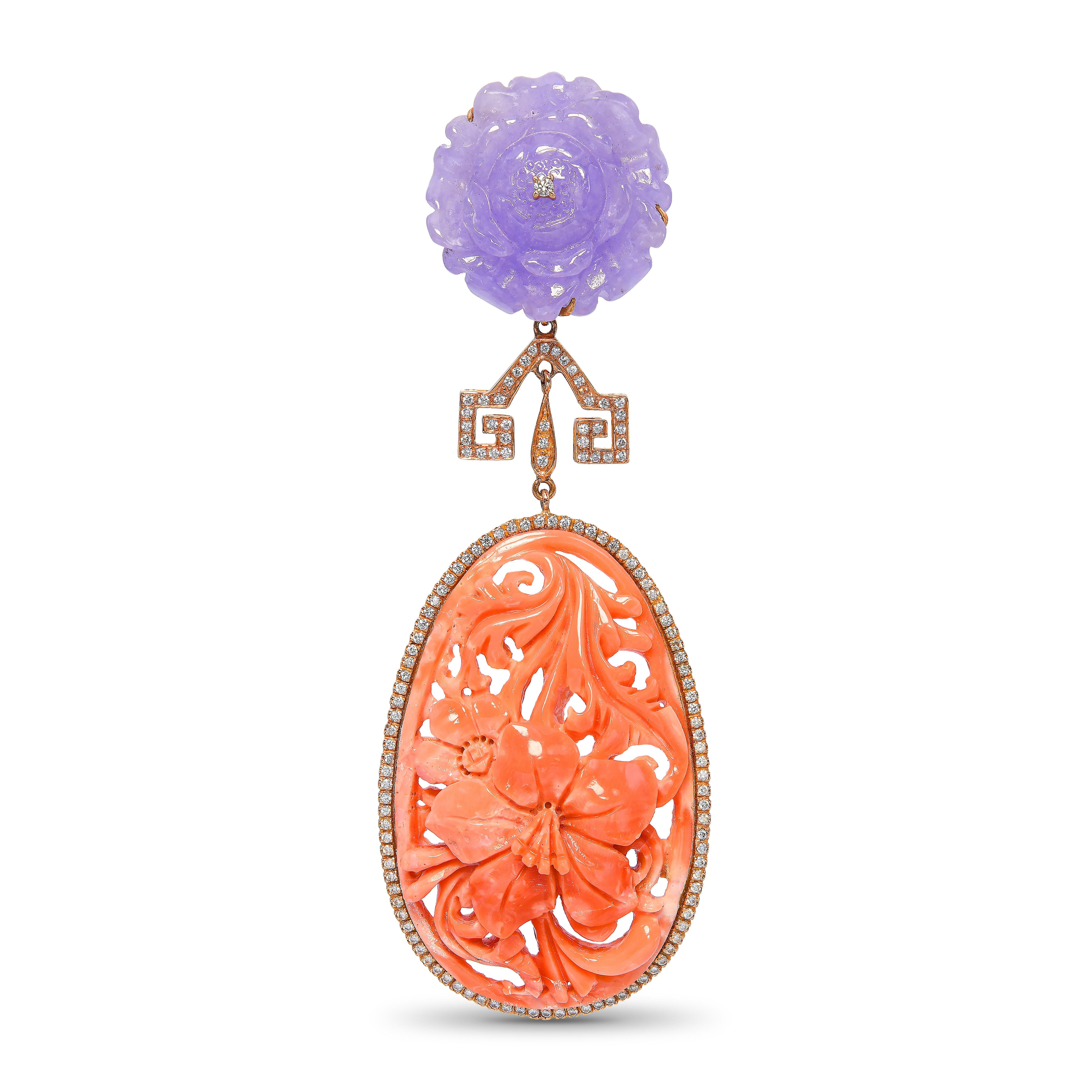 18k Yellow Gold Carved Coral, Lavender Jade, & Diamond Pendant
