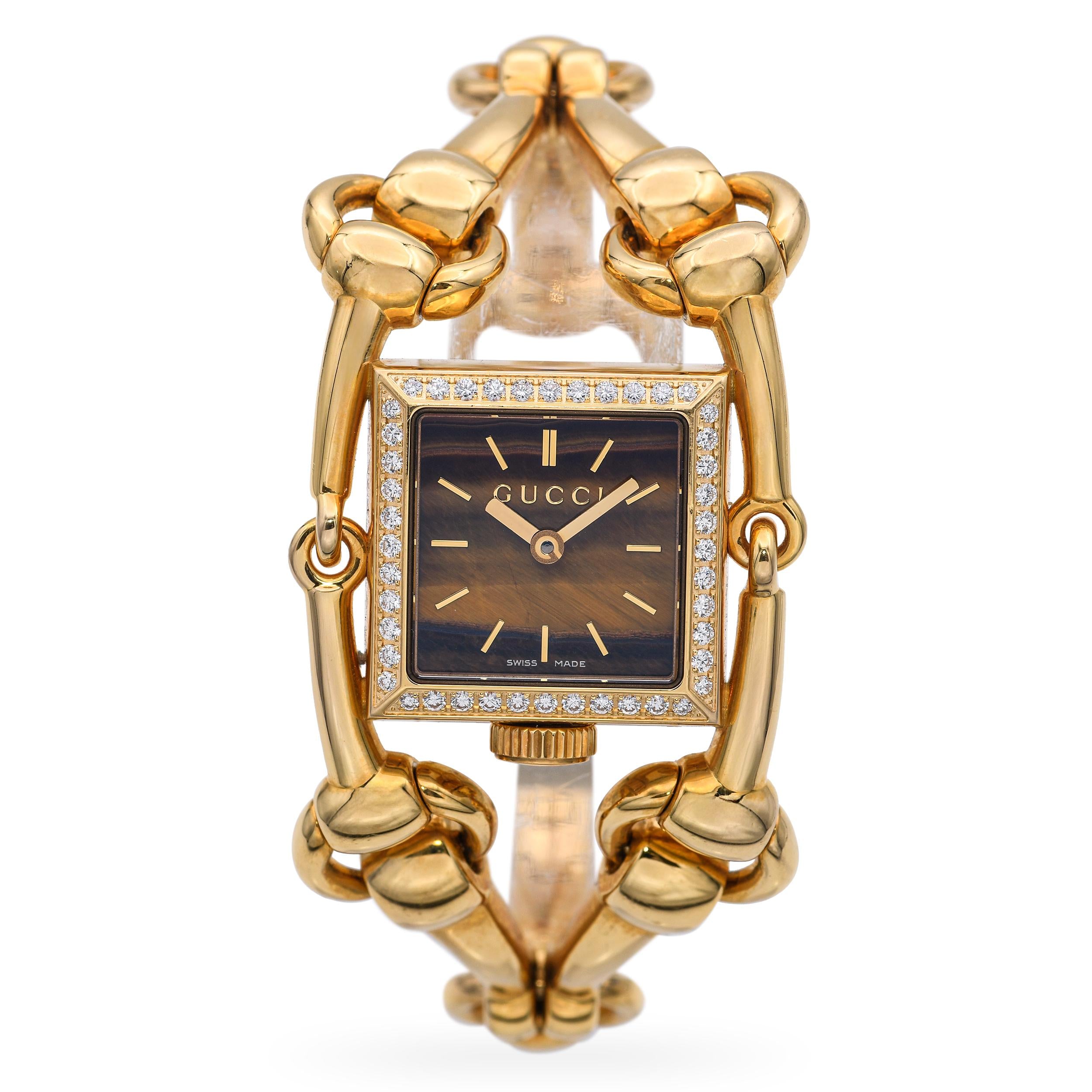Gucci 18K Yellow Gold Horsebit 'Signoria' Diamond Bezel Tigers Eye Women's Watch