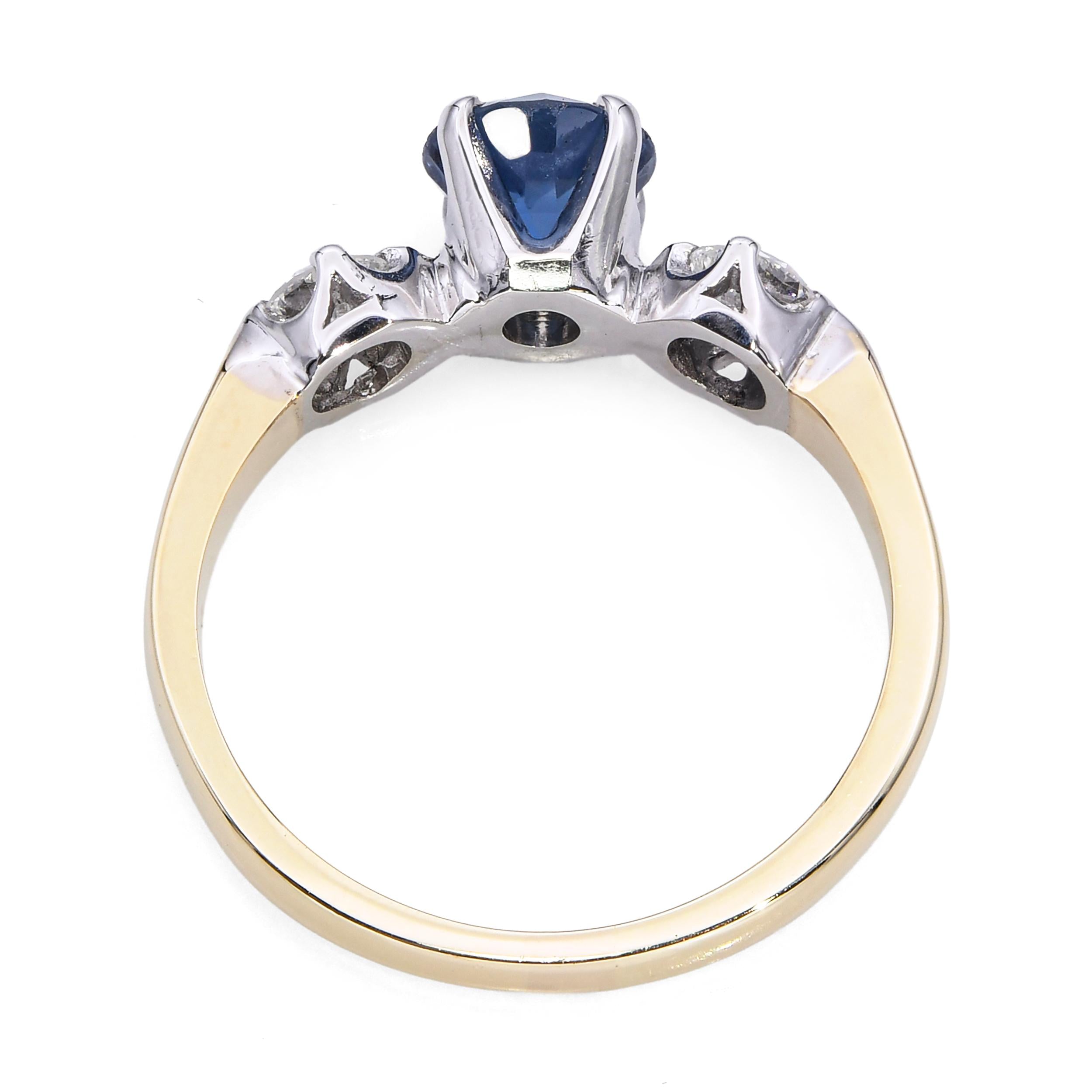 Vintage 14k Yellow Gold .85ct Sapphire and Diamond Three Stone Ring