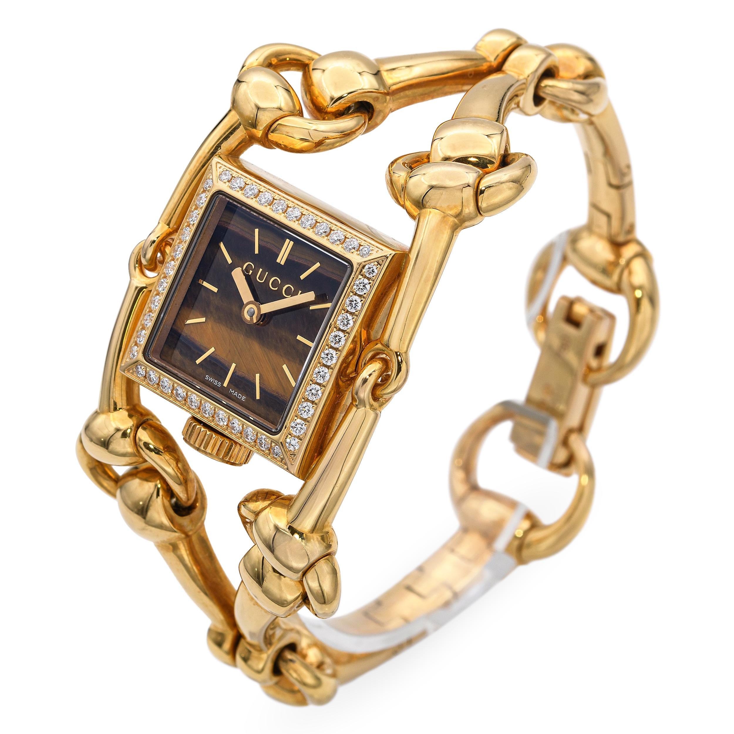 Gucci 18K Yellow Gold Horsebit 'Signoria' Diamond Bezel Tigers Eye Women's Watch