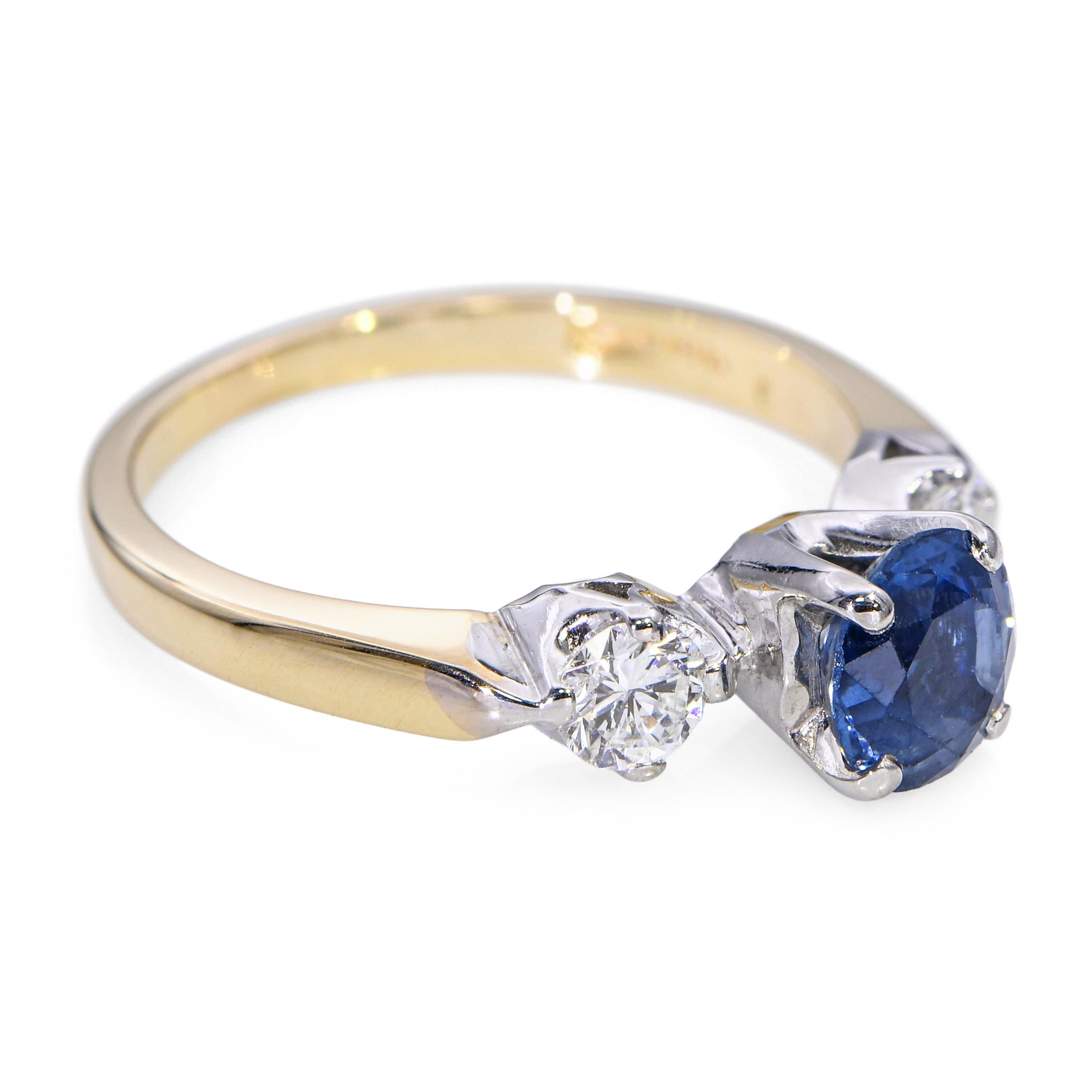 Vintage 14k Yellow Gold .85ct Sapphire and Diamond Three Stone Ring
