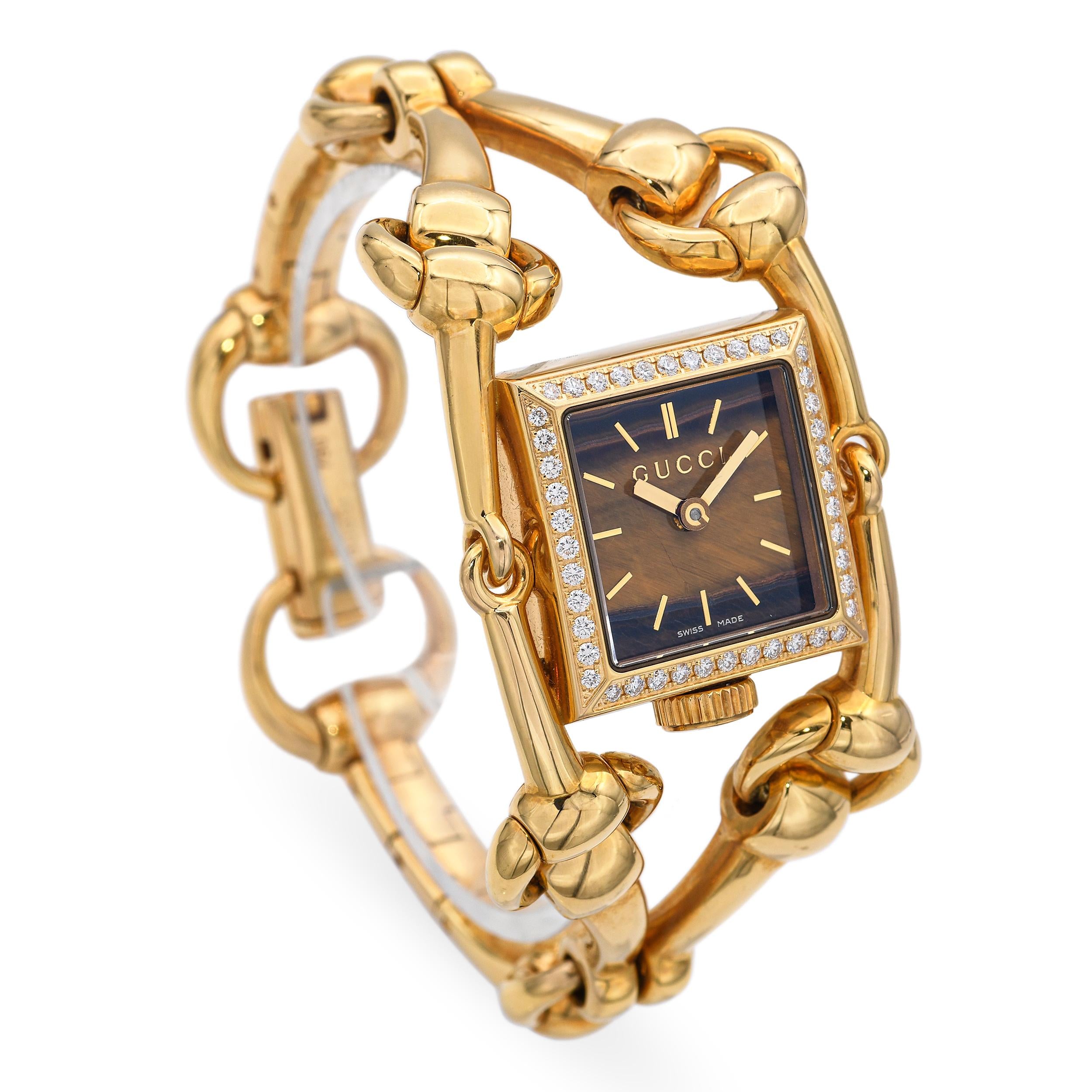Gucci 18K Yellow Gold Horsebit 'Signoria' Diamond Bezel Tigers Eye Women's Watch