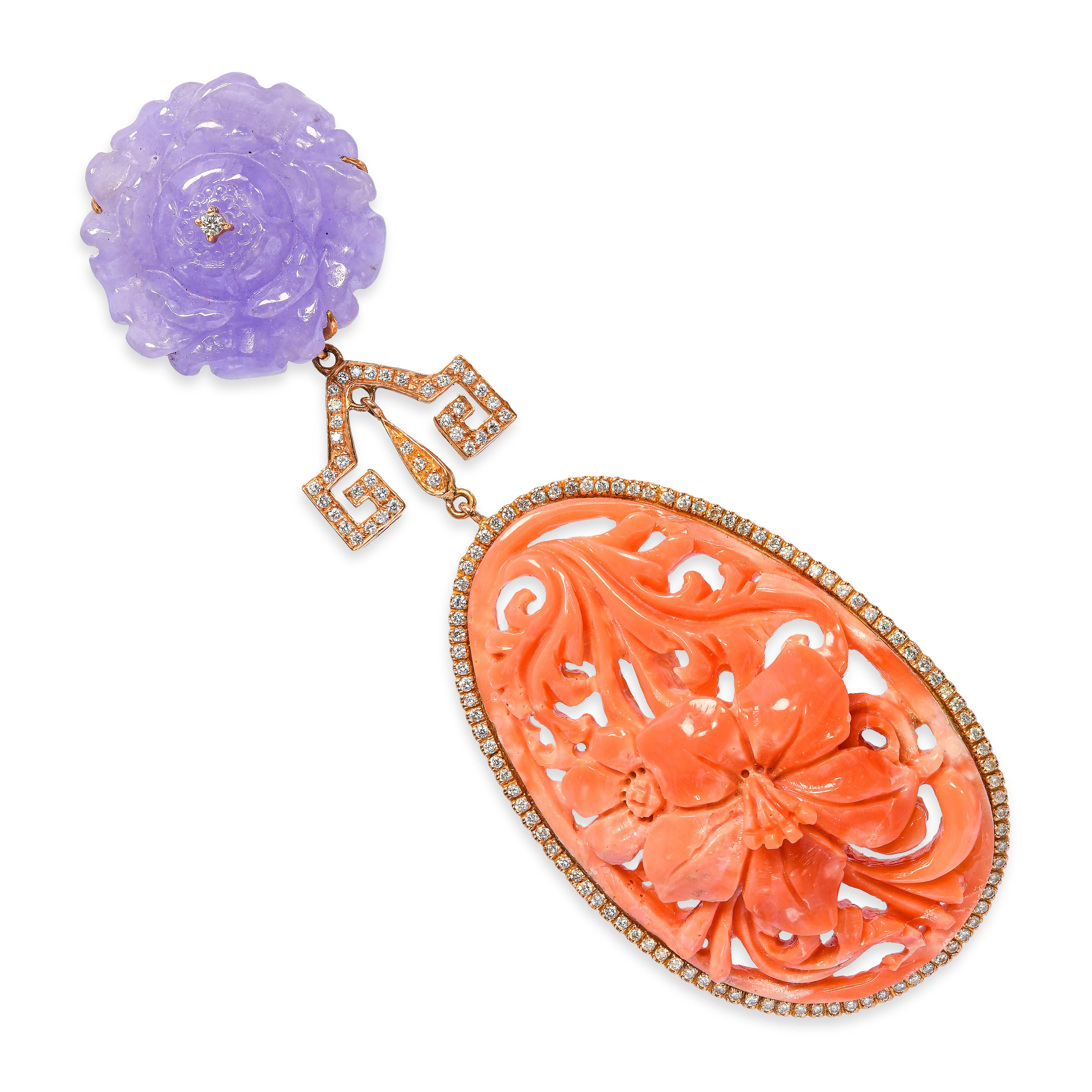 18k Yellow Gold Carved Coral, Lavender Jade, & Diamond Pendant