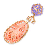 18k Yellow Gold Carved Coral, Lavender Jade, & Diamond Pendant