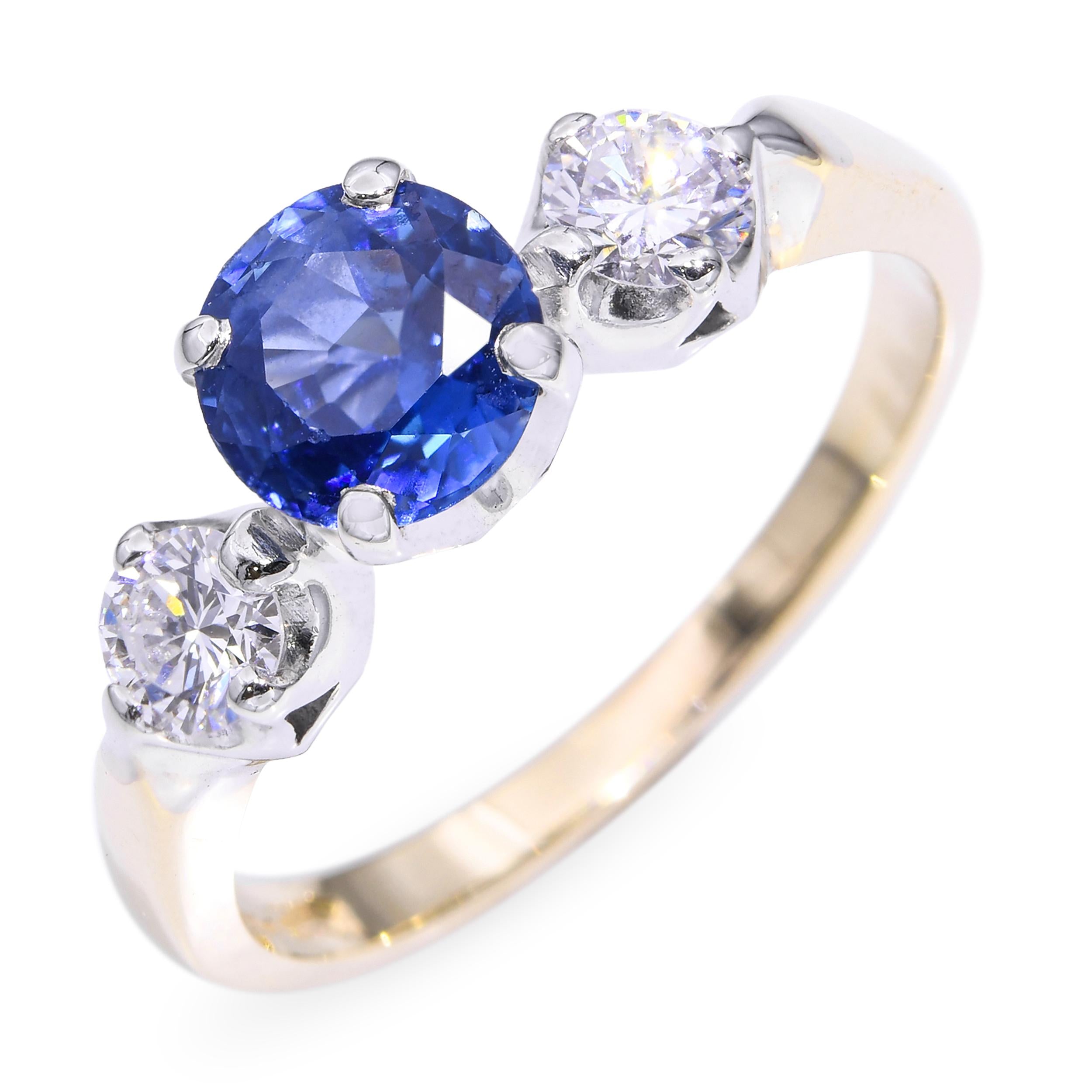 Vintage 14k Yellow Gold .85ct Sapphire and Diamond Three Stone Ring