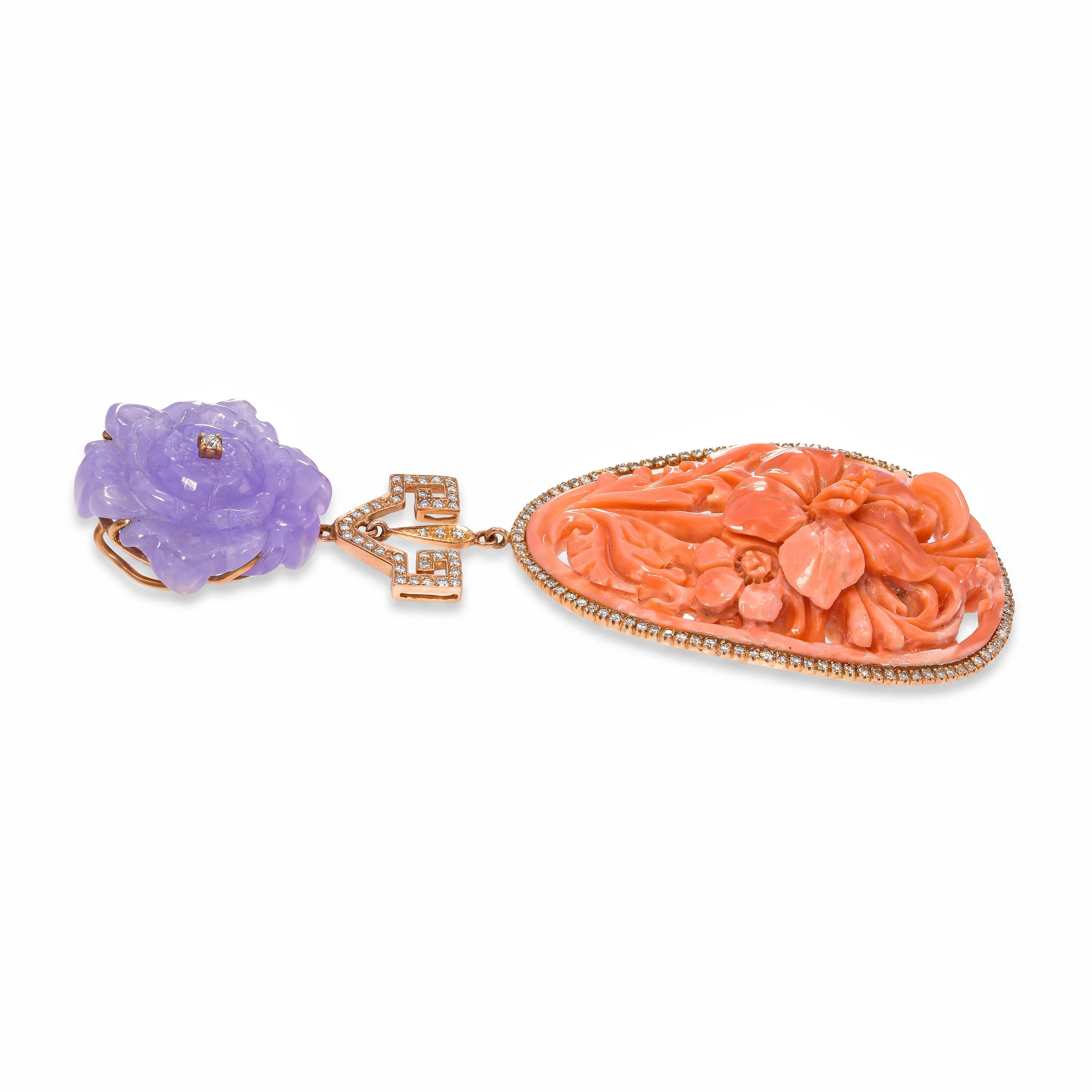 18k Yellow Gold Carved Coral, Lavender Jade, & Diamond Pendant