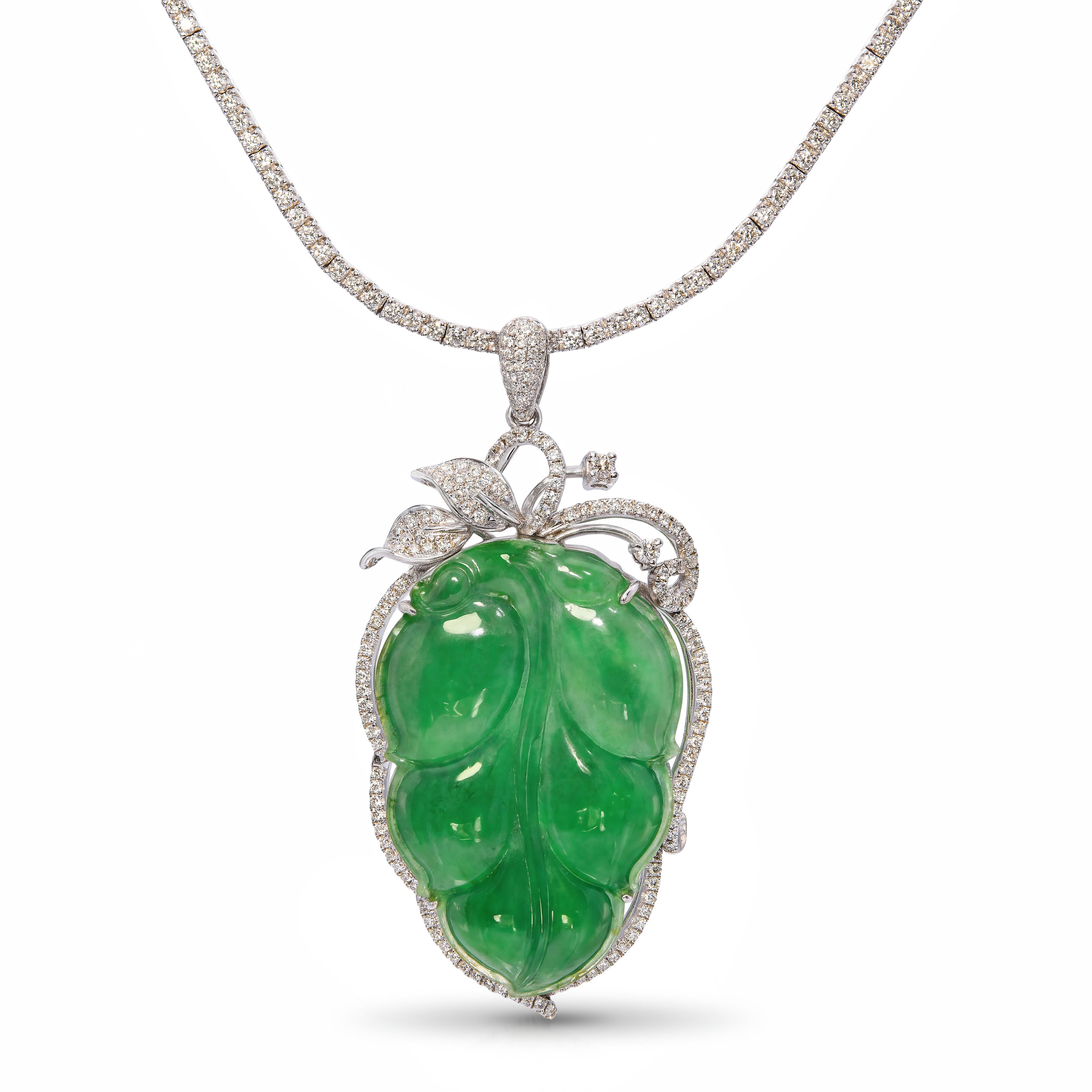 Vintage 17k White Gold Carved Jade Leaf and Diamond Line Necklace