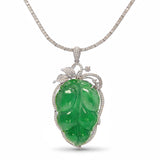 Vintage 17k White Gold Carved Jade Leaf and Diamond Line Necklace