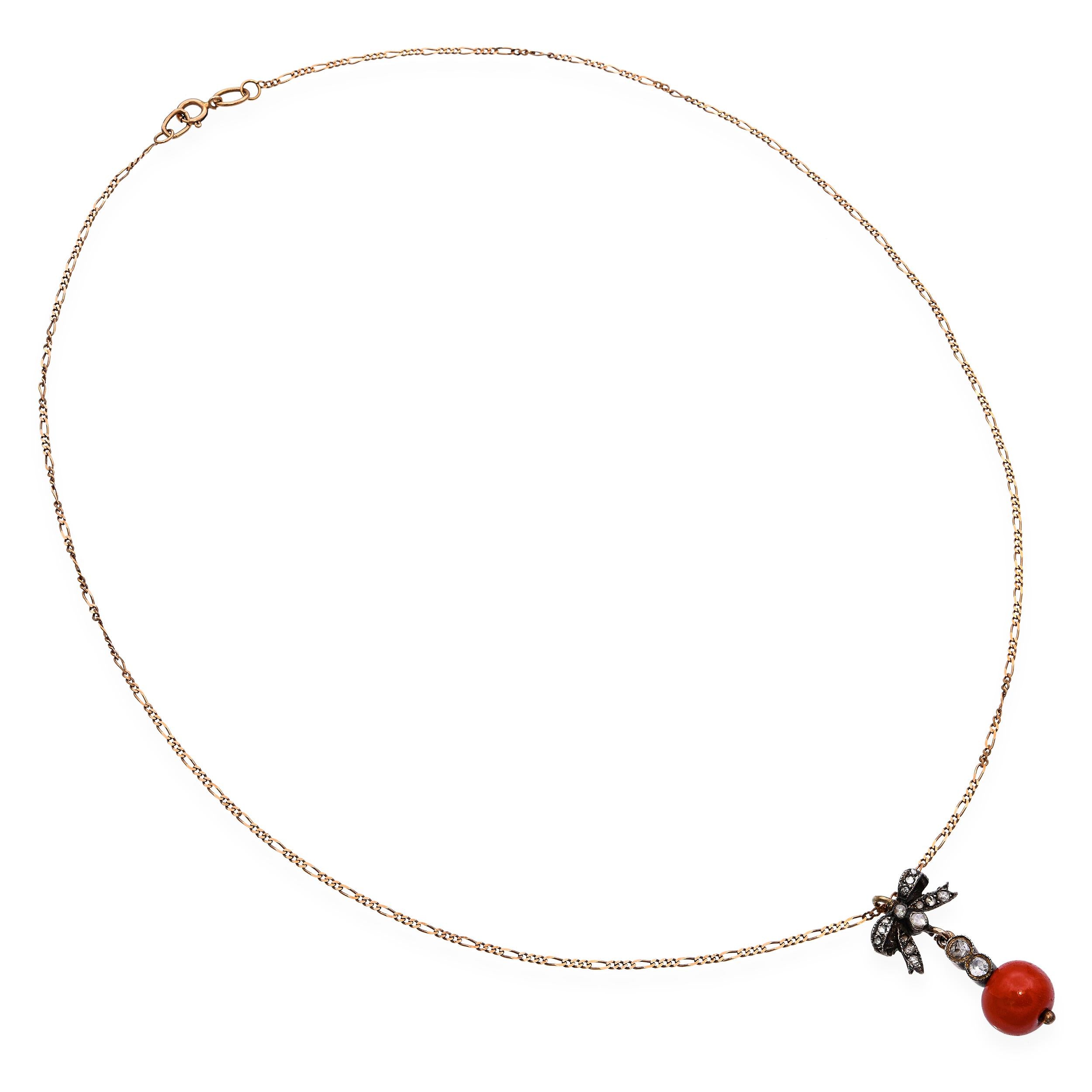 Antique Rose Cut Diamond and Coral Bead Bow Pendant With Chain