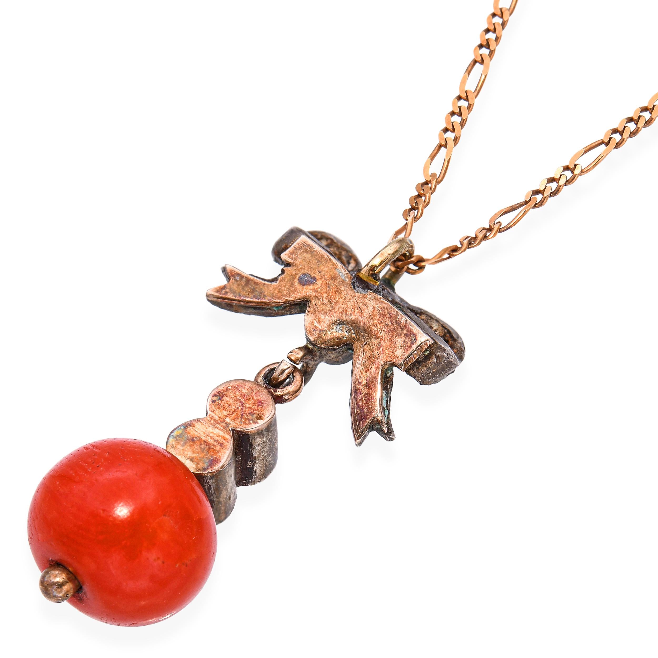 Antique Rose Cut Diamond and Coral Bead Bow Pendant With Chain