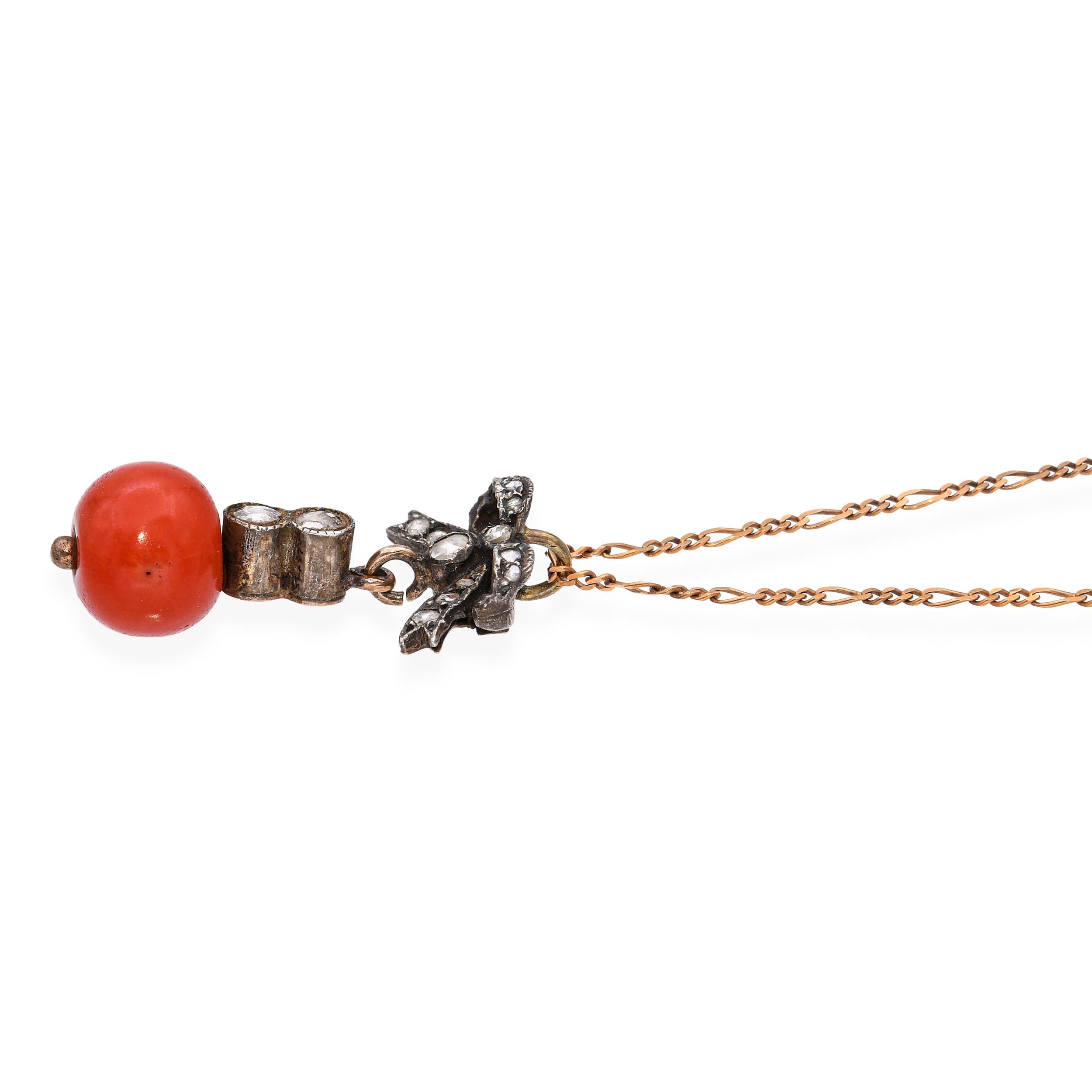 Antique Rose Cut Diamond and Coral Bead Bow Pendant With Chain