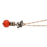 Antique Rose Cut Diamond and Coral Bead Bow Pendant With Chain