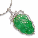 Vintage 17k White Gold Carved Jade Leaf and Diamond Line Necklace