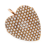 Antique Victorian 14k Yellow Gold Seed Pearl and Old Cut Diamond Heart Pendant