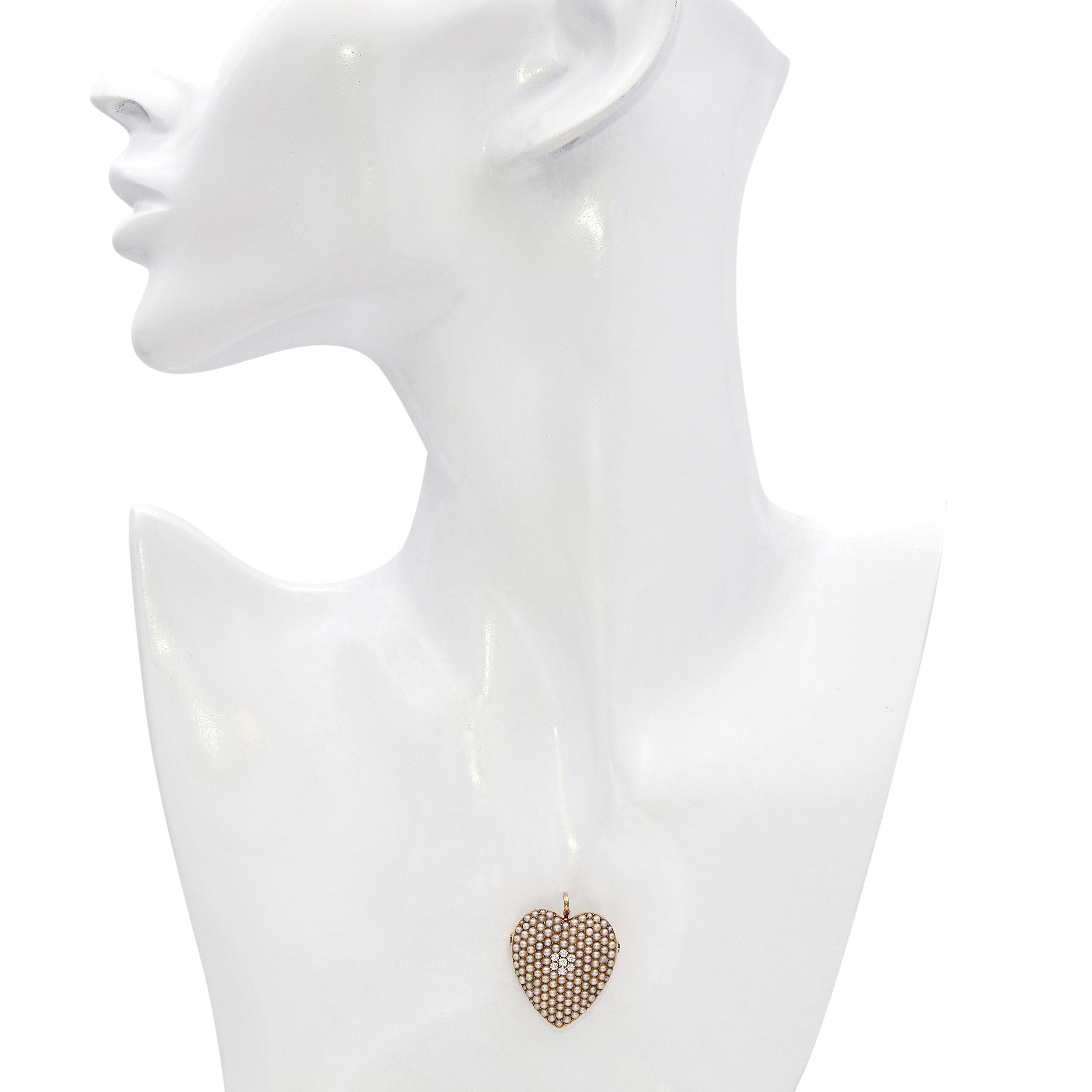 Antique Victorian 14k Yellow Gold Seed Pearl and Old Cut Diamond Heart Pendant