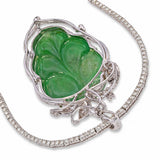 Vintage 17k White Gold Carved Jade Leaf and Diamond Line Necklace