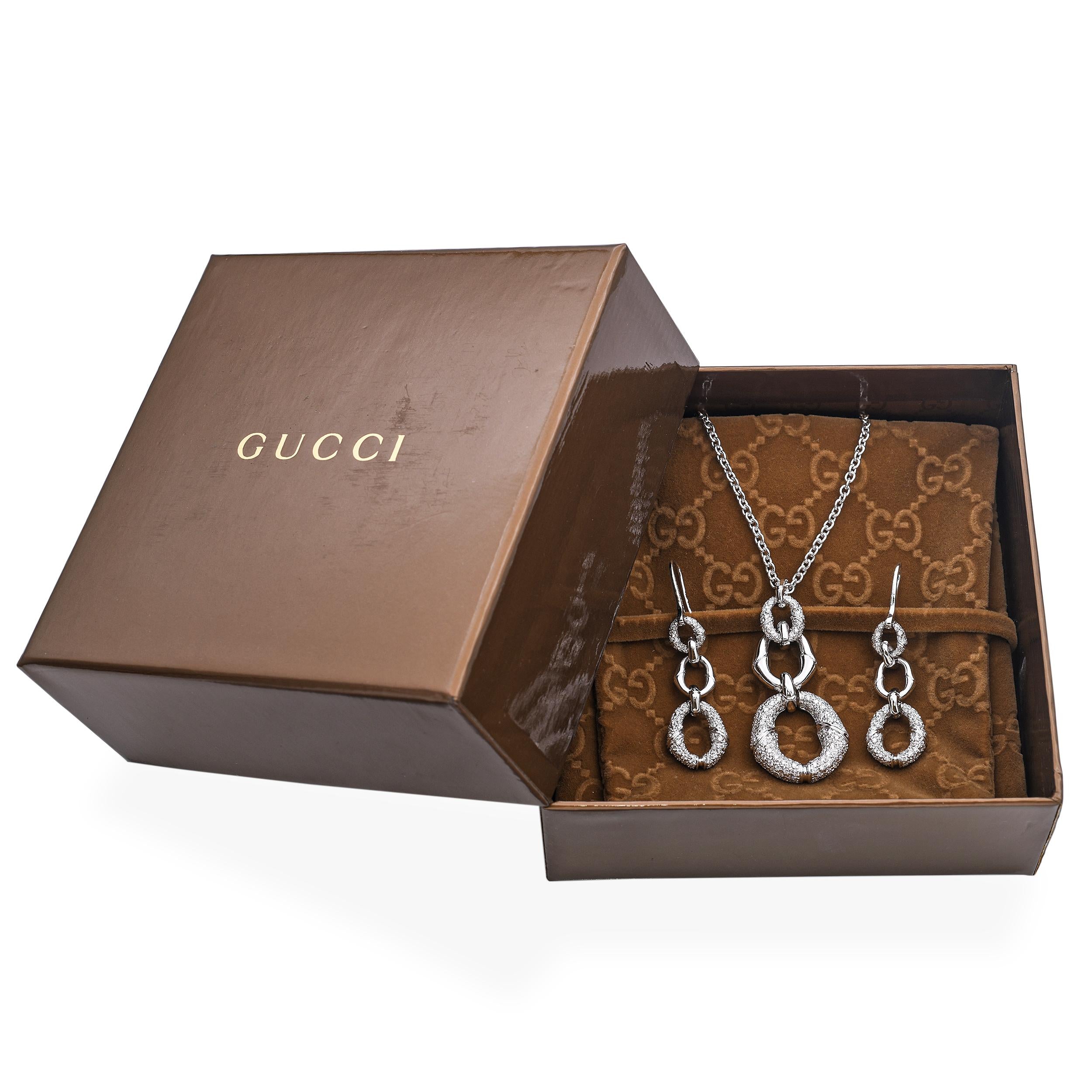 Gucci 18k White Gold Diamond Interlocking Circle Earrings and Necklace Set