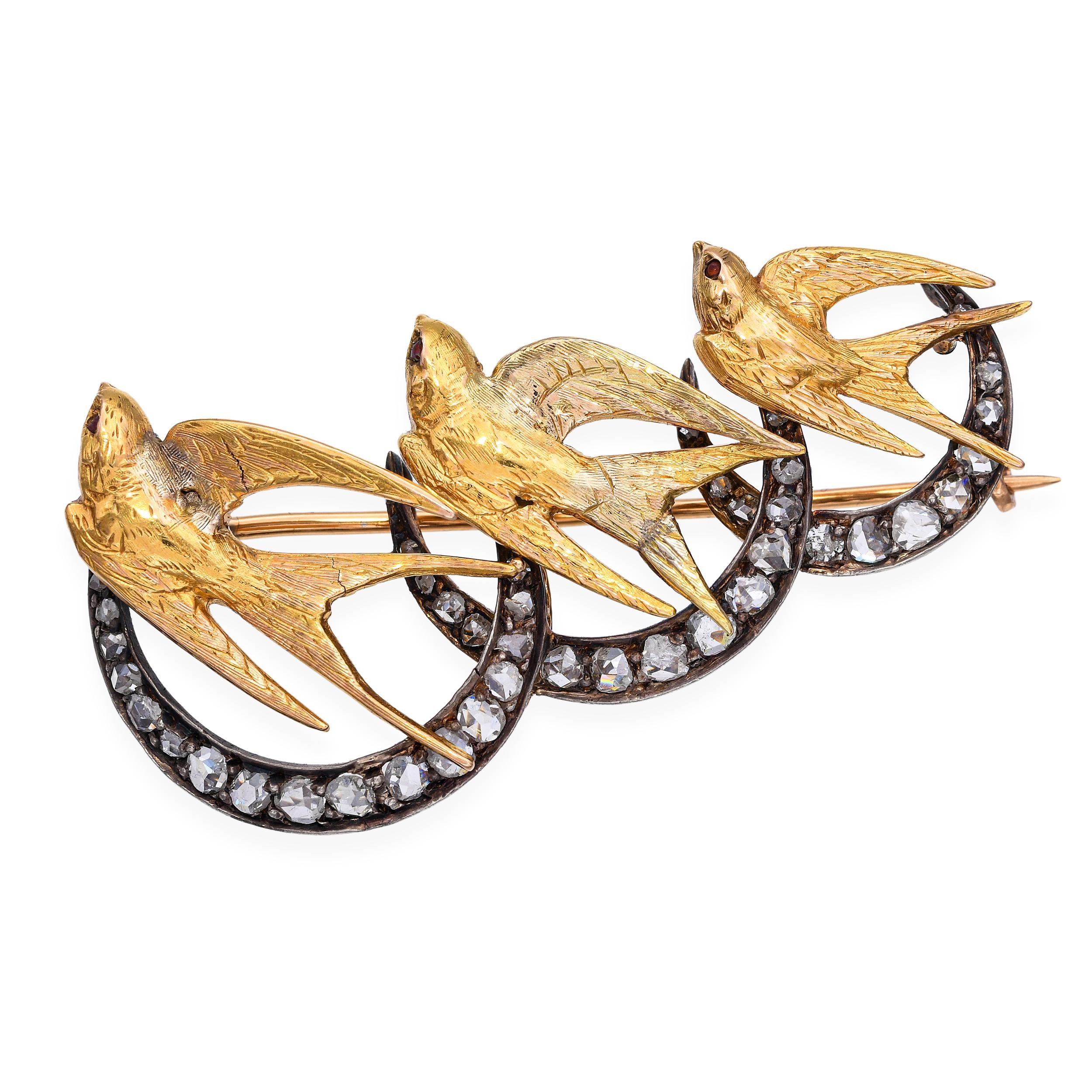 Late Victorian 20k Yellow Gold and Silver Swallows and Crescent Moon Brooch