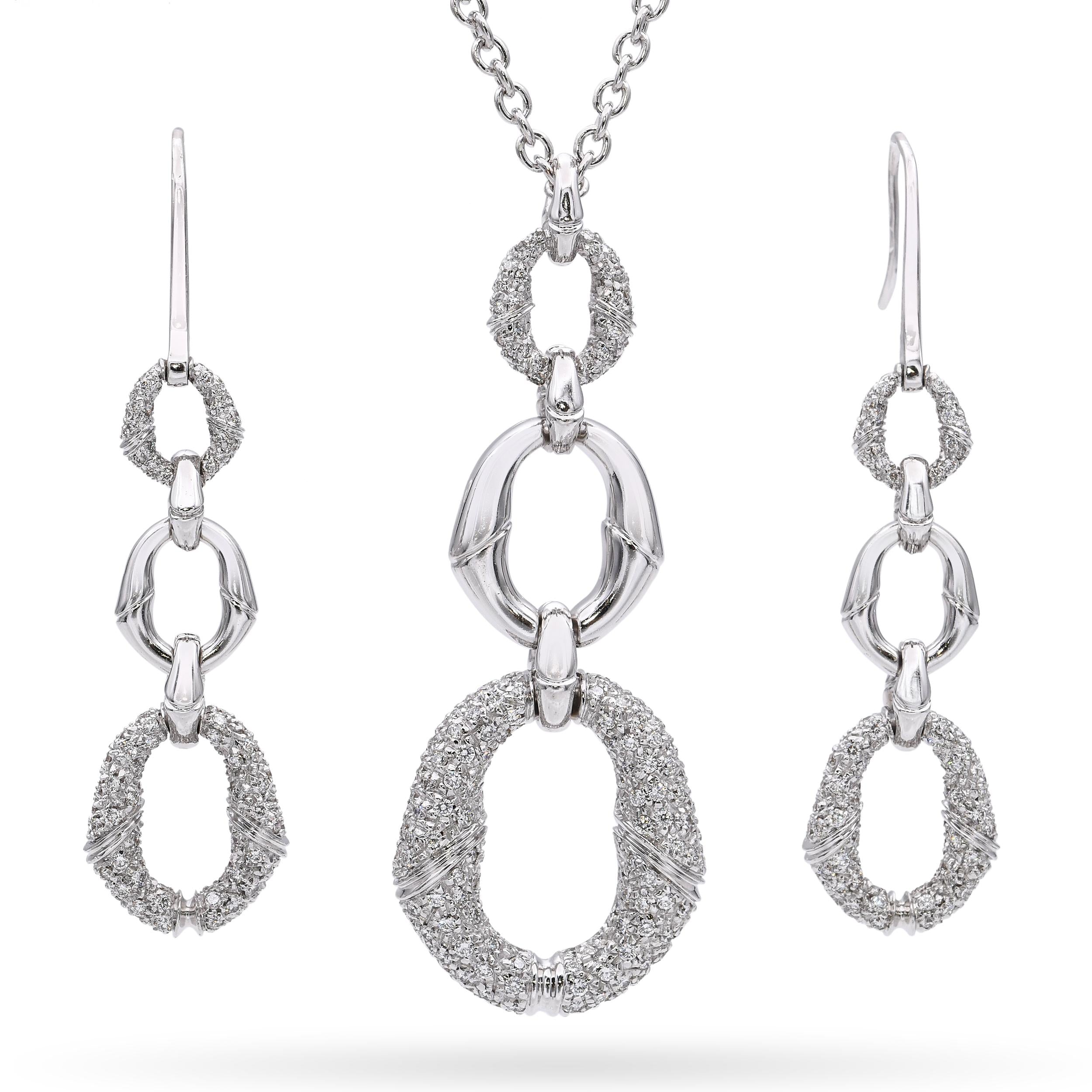 Gucci 18k White Gold Diamond Interlocking Circle Earrings and Necklace Set