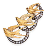 Late Victorian 20k Yellow Gold and Silver Swallows and Crescent Moon Brooch