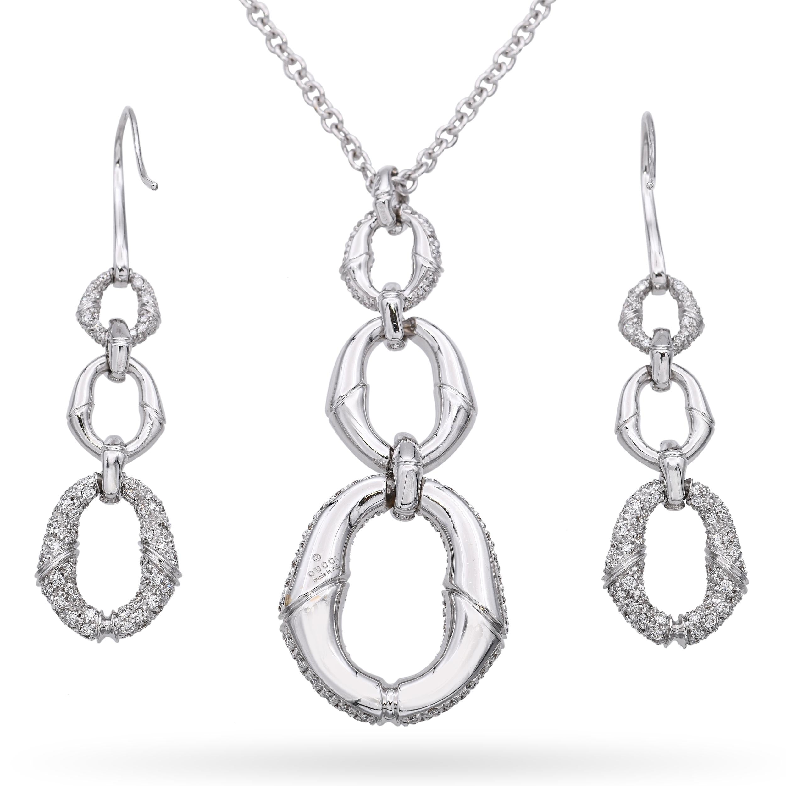 Gucci 18k White Gold Diamond Interlocking Circle Earrings and Necklace Set