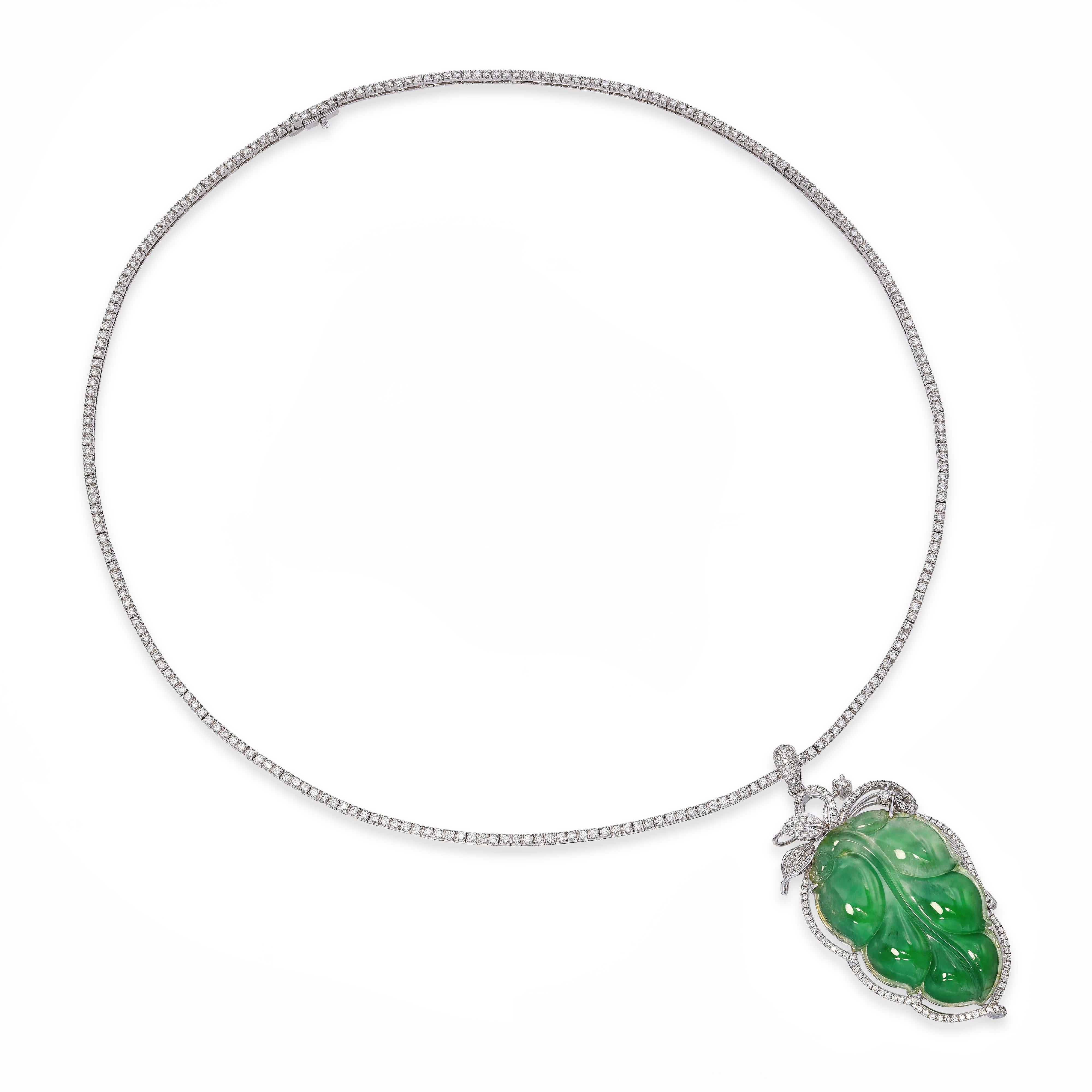 Vintage 17k White Gold Carved Jade Leaf and Diamond Line Necklace