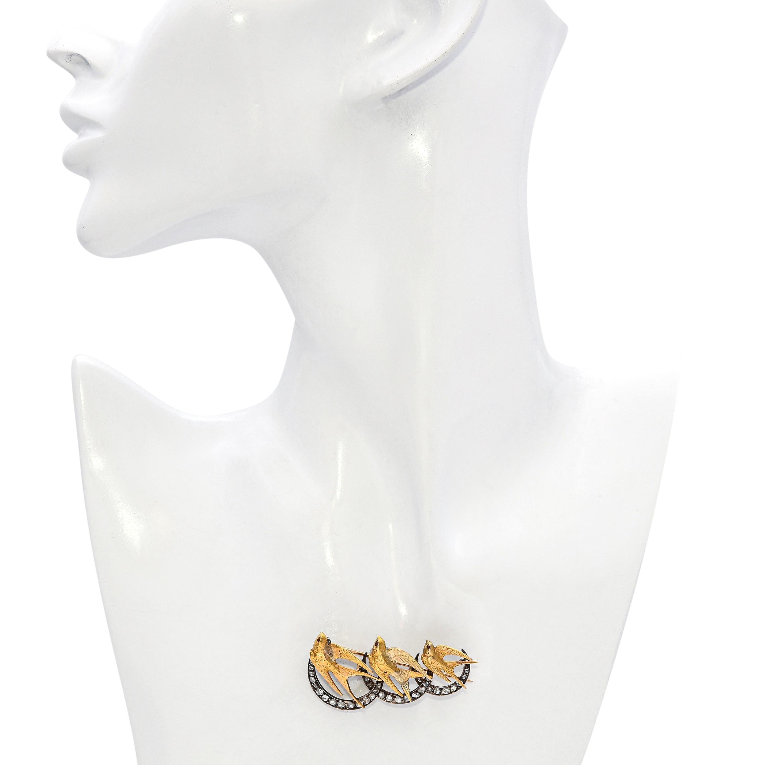 Late Victorian 20k Yellow Gold and Silver Swallows and Crescent Moon Brooch