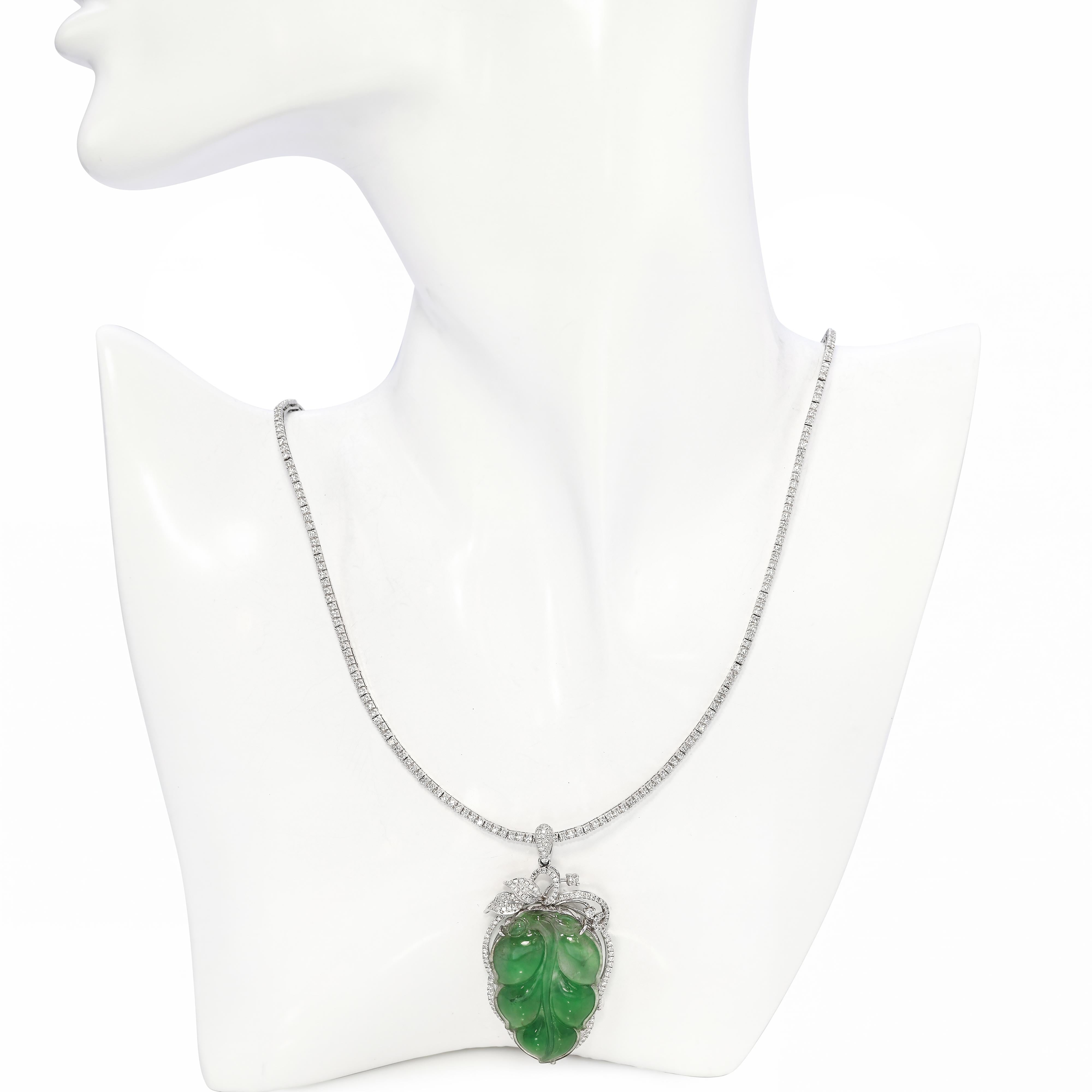 Vintage 17k White Gold Carved Jade Leaf and Diamond Line Necklace