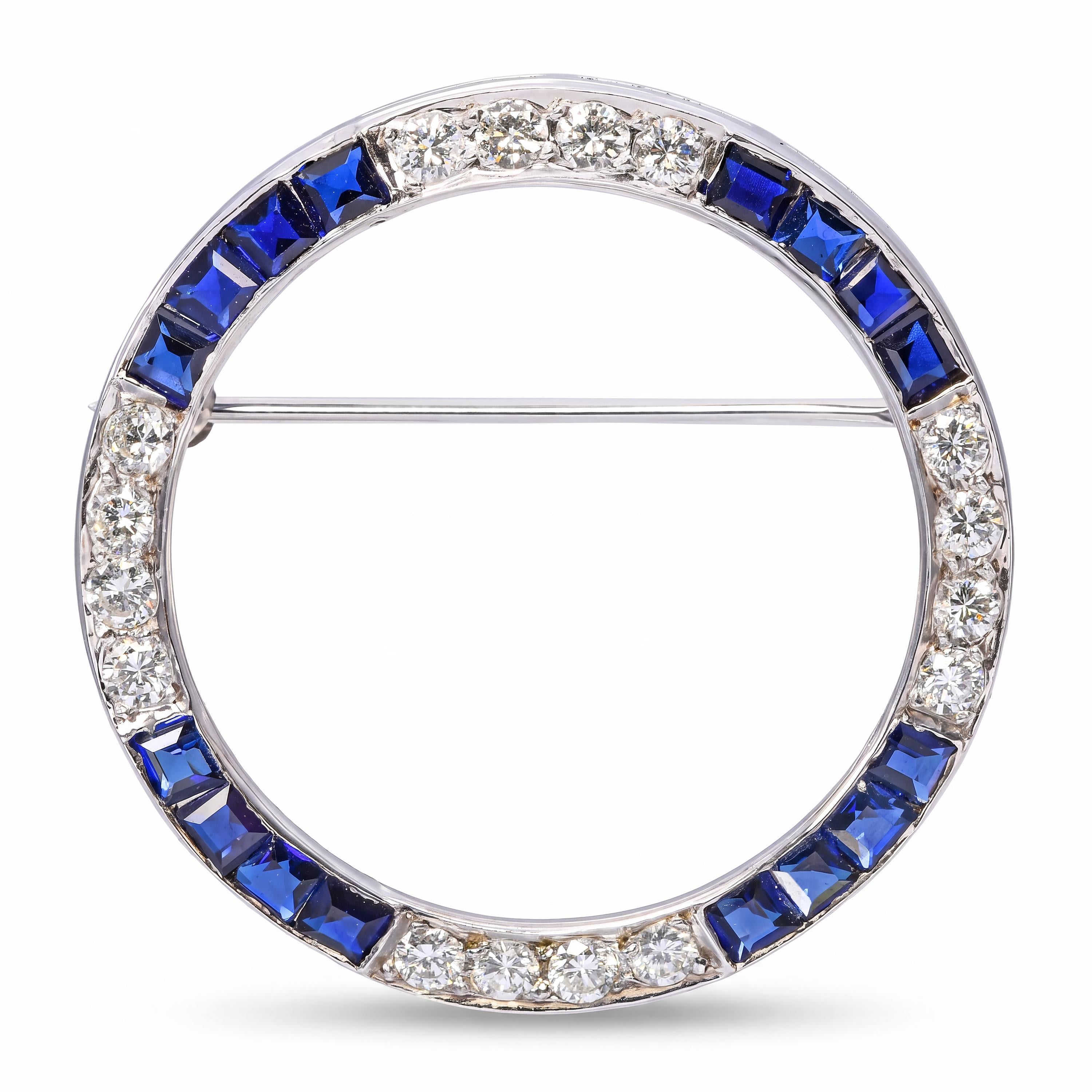 Vintage White Gold Sapphire and Diamond Circle Brooch