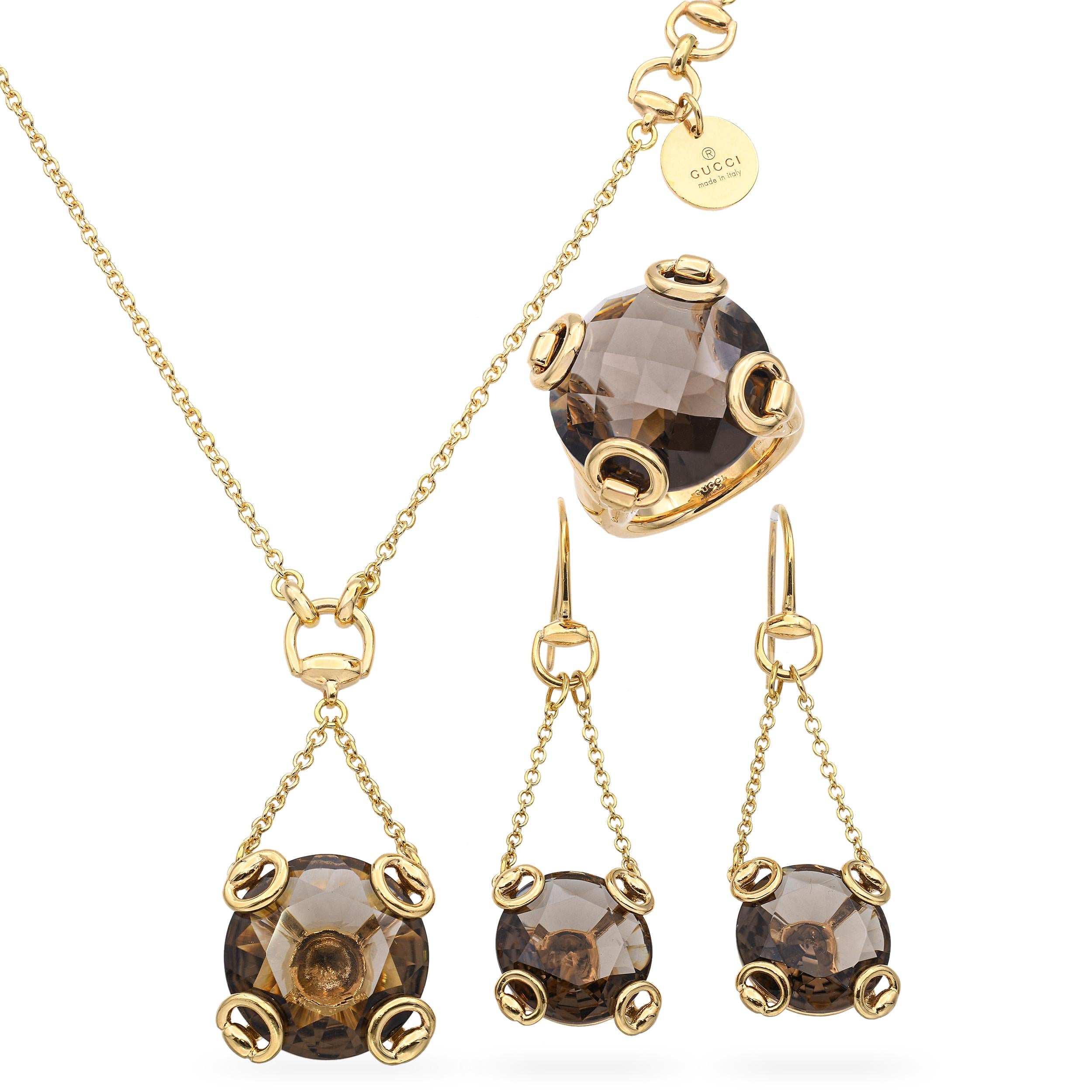 Gucci 18k Yellow Gold Horsebit Smoky Quartz Necklace, Earrings and Ring Set