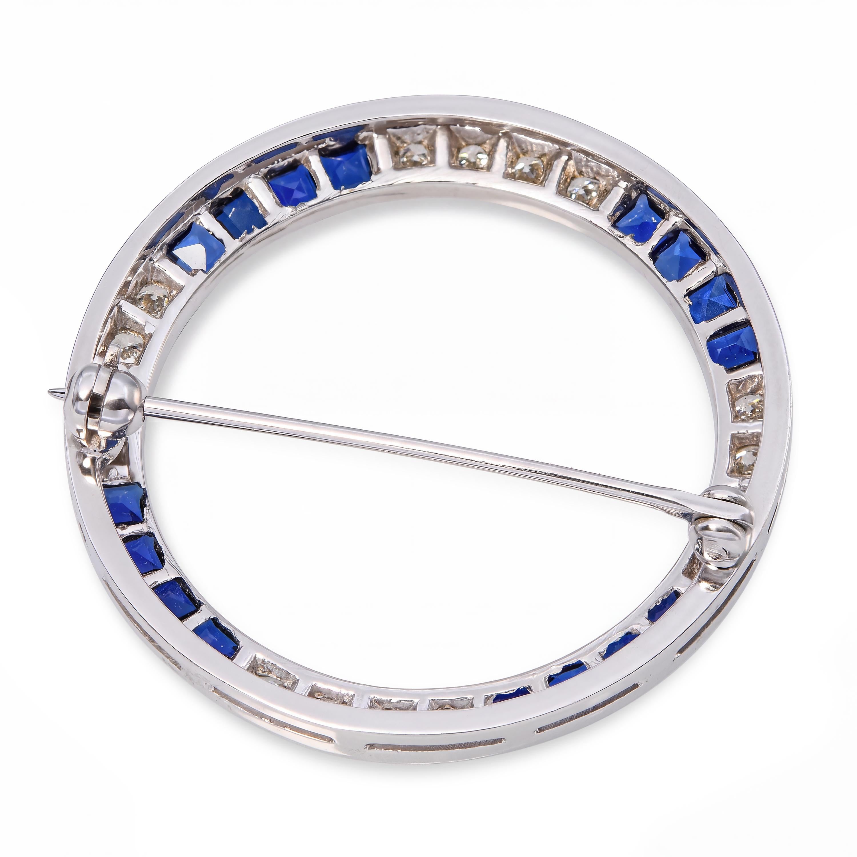 Vintage White Gold Sapphire and Diamond Circle Brooch