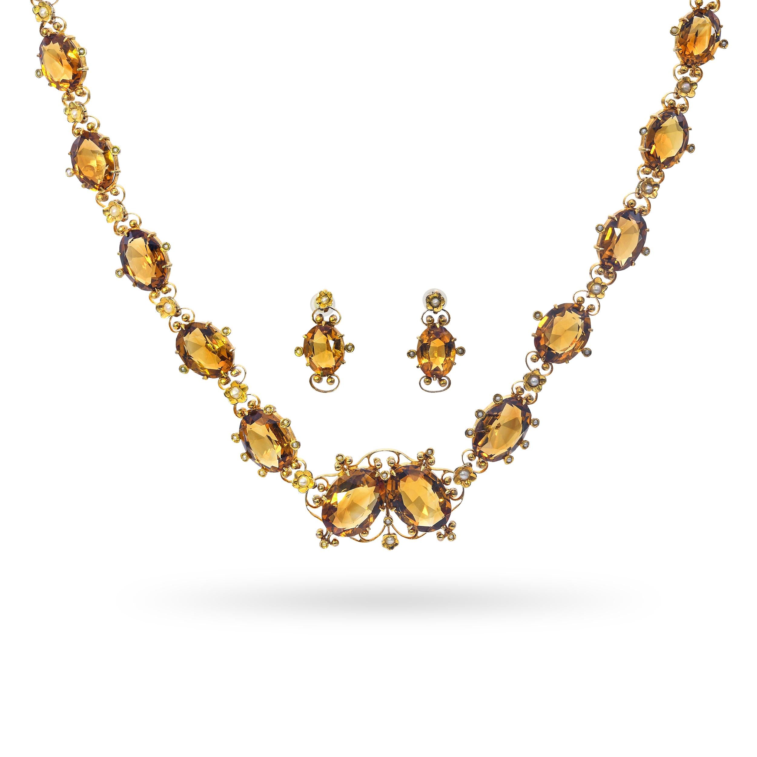 Antique Victorian 9k Yellow Gold Citrine & Pearl Floral Necklace and Earring Set