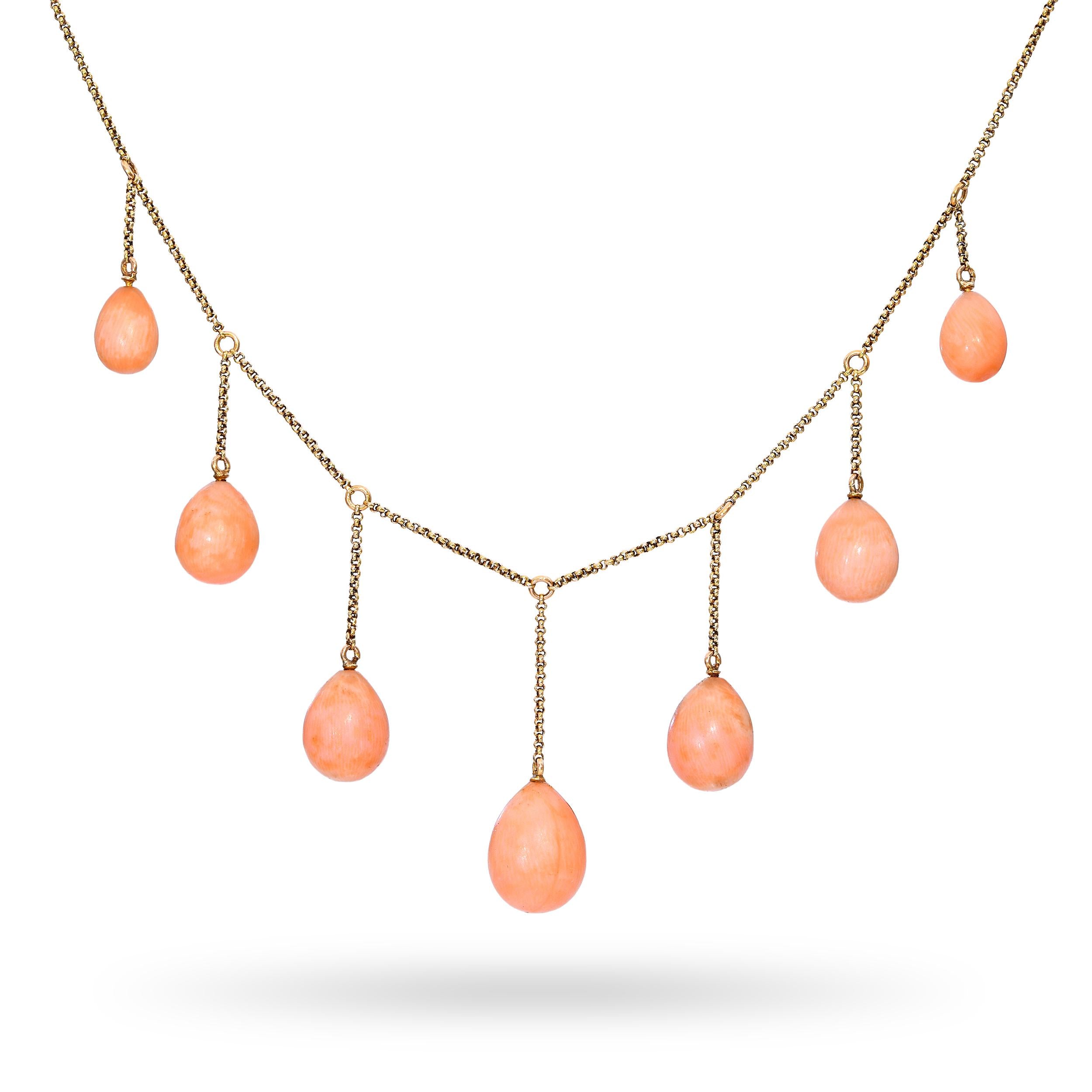 Antique 16k Yellow Gold Graduated Coral Bead Drop Festooon Necklace