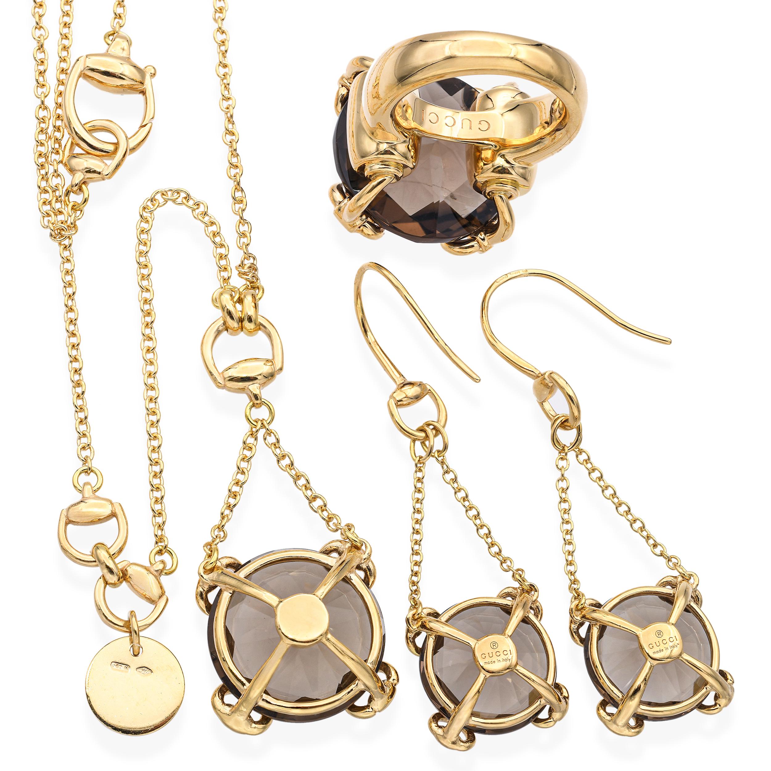 Gucci 18k Yellow Gold Horsebit Smoky Quartz Necklace, Earrings and Ring Set