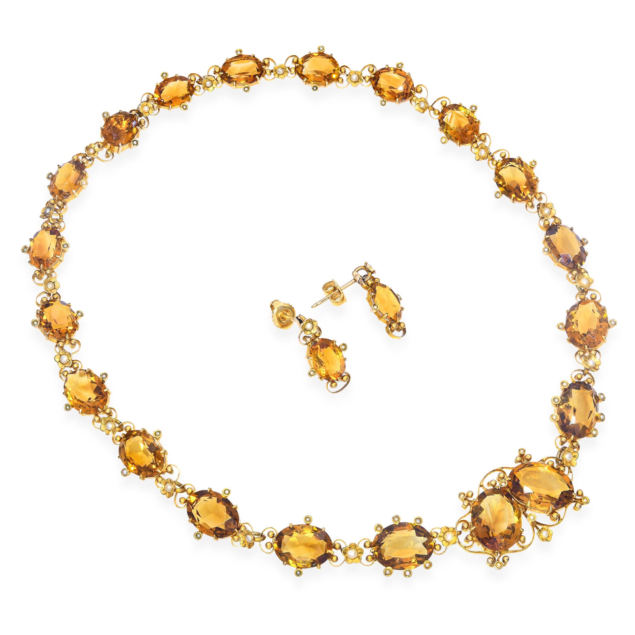 Antique Victorian 9k Yellow Gold Citrine & Pearl Floral Necklace and Earring Set