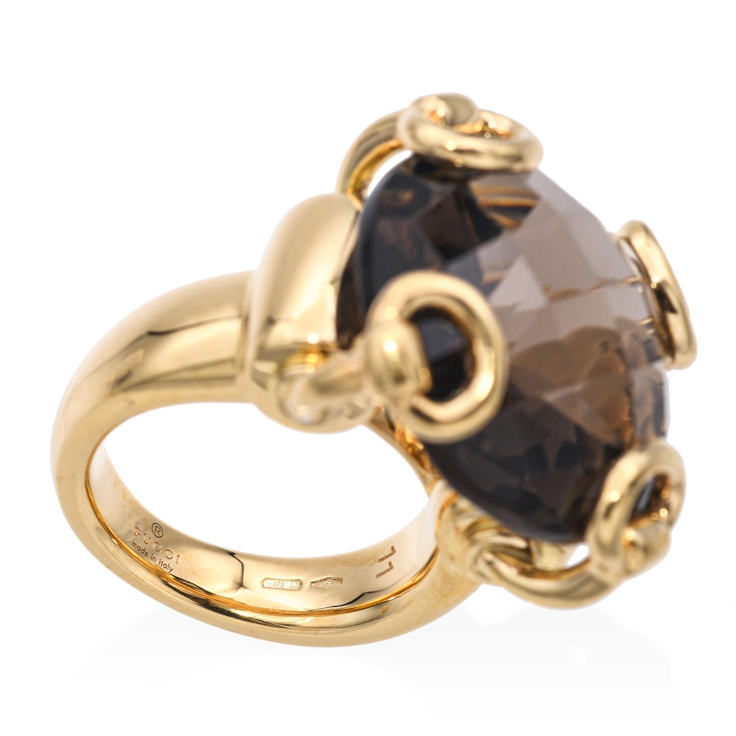 Gucci 18k Yellow Gold Horsebit Smoky Quartz Necklace, Earrings and Ring Set