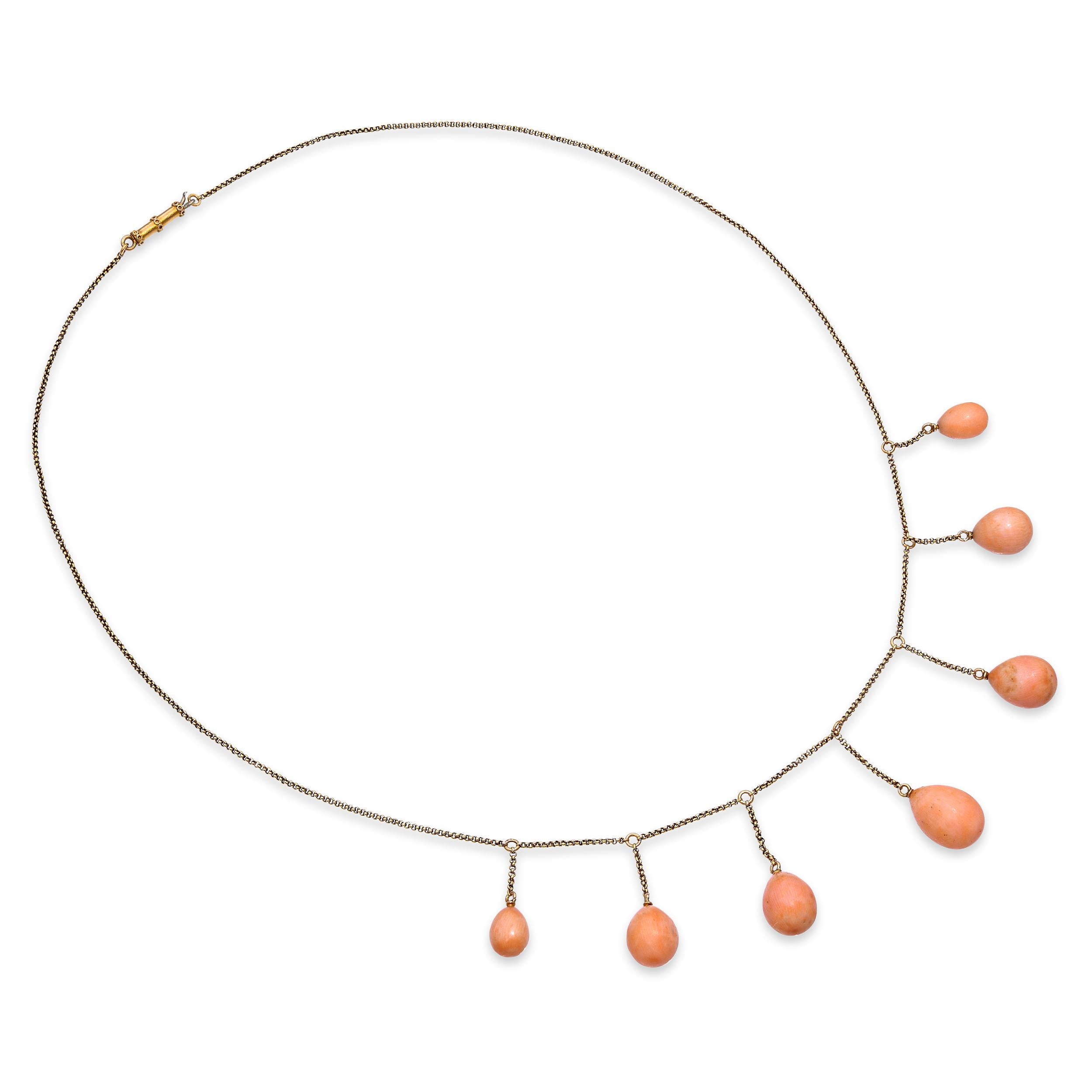 Antique 16k Yellow Gold Graduated Coral Bead Drop Festooon Necklace