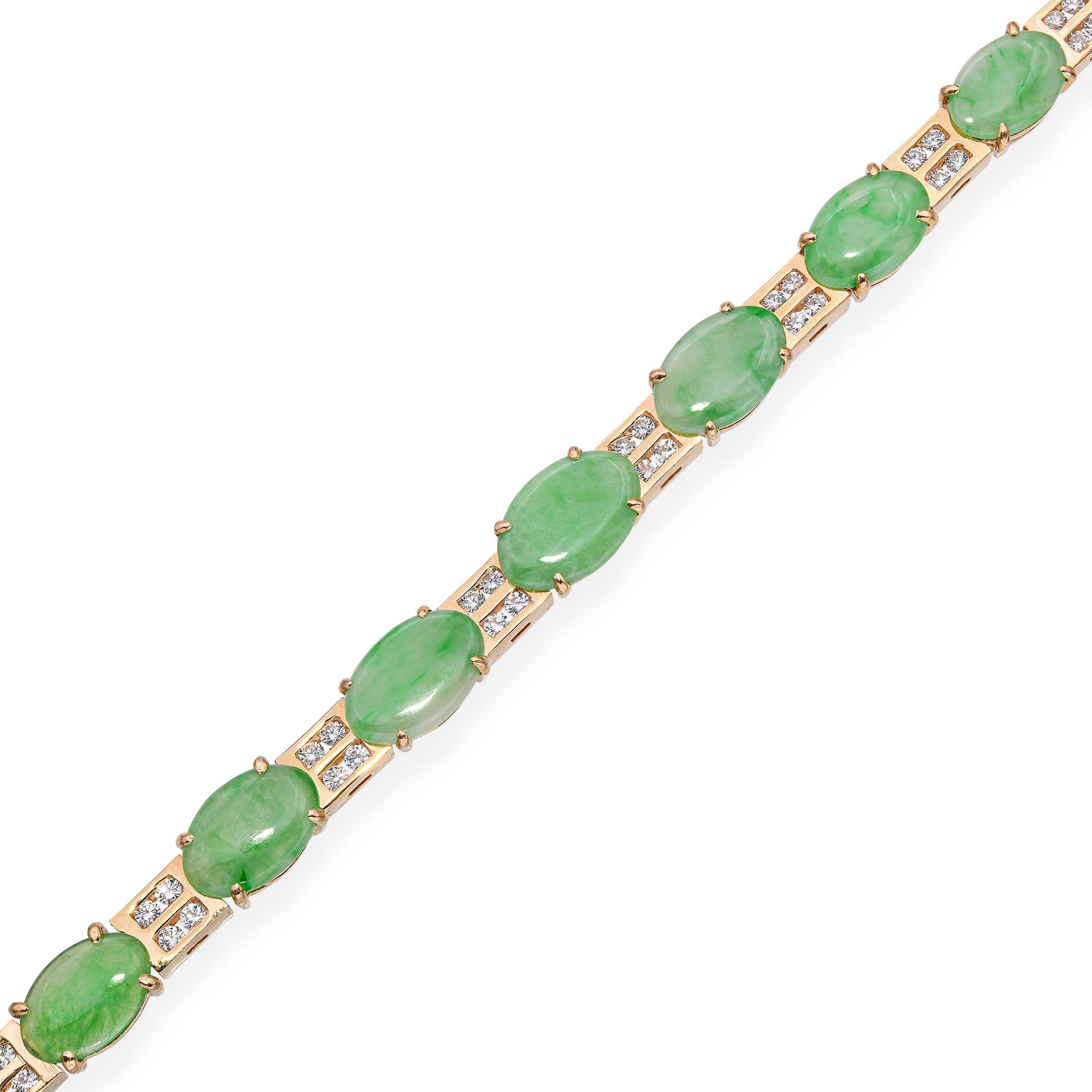 Vintage 14k Yellow Gold 8.80tcw Green Jade and Diamond Link Bracelet