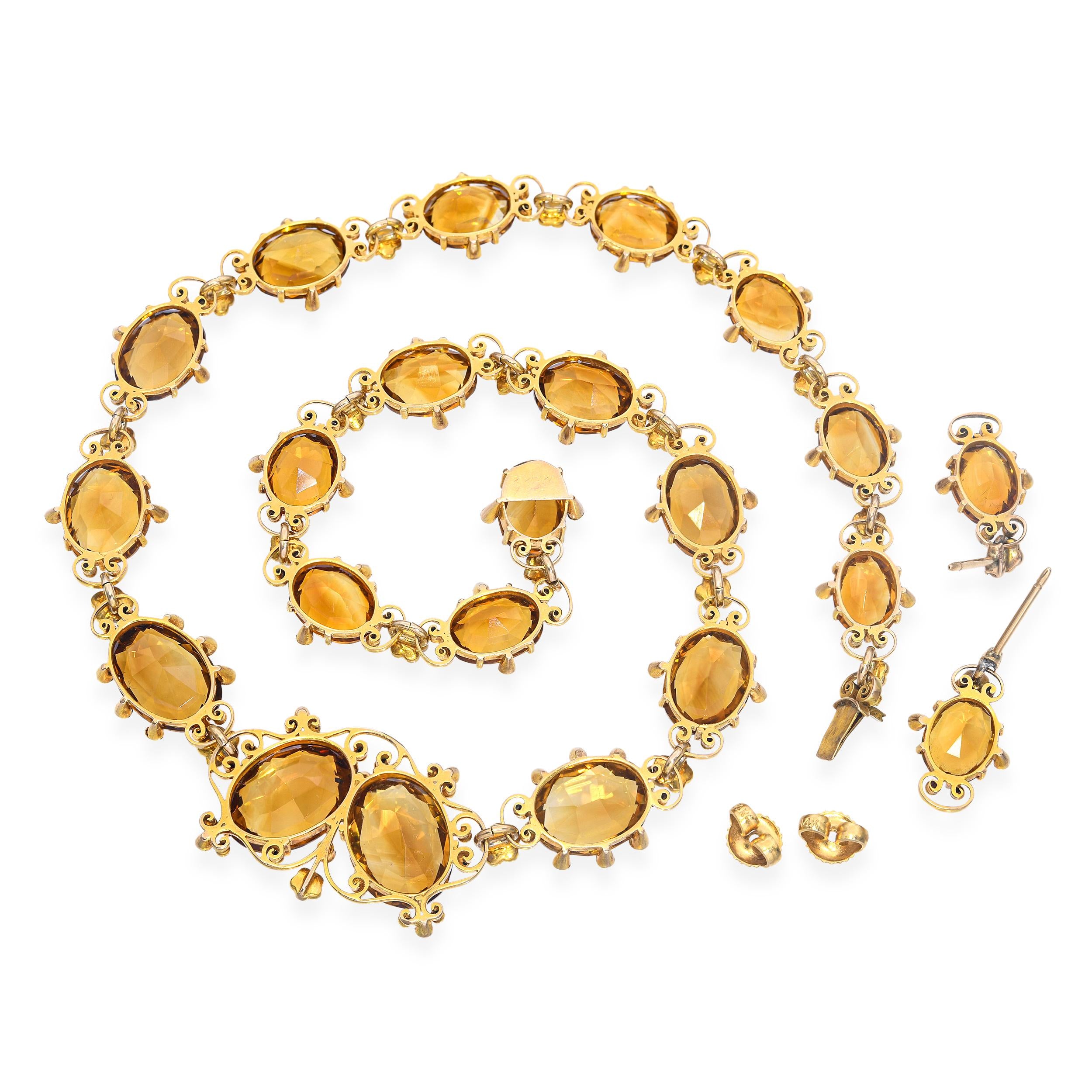 Antique Victorian 9k Yellow Gold Citrine & Pearl Floral Necklace and Earring Set