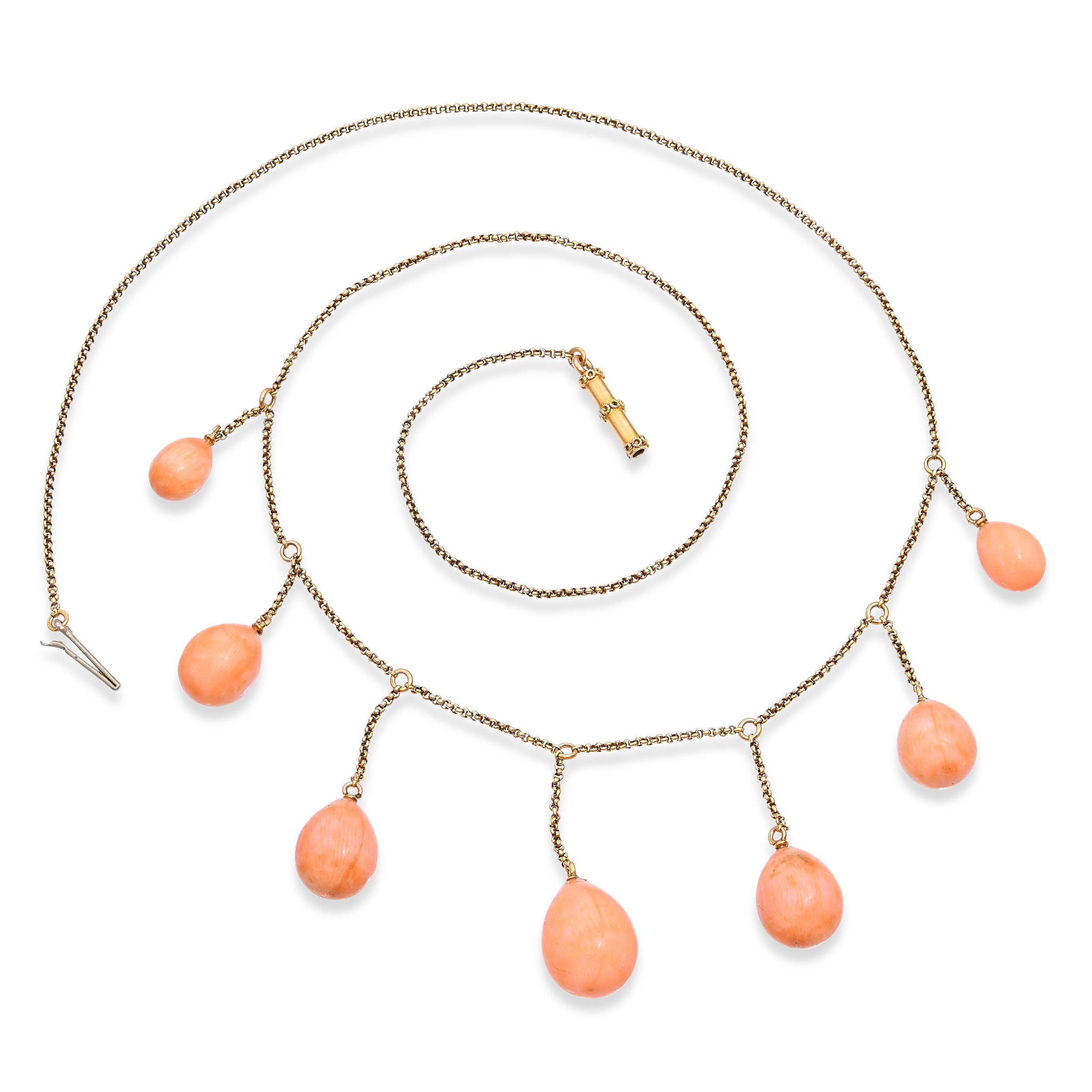 Antique 16k Yellow Gold Graduated Coral Bead Drop Festooon Necklace