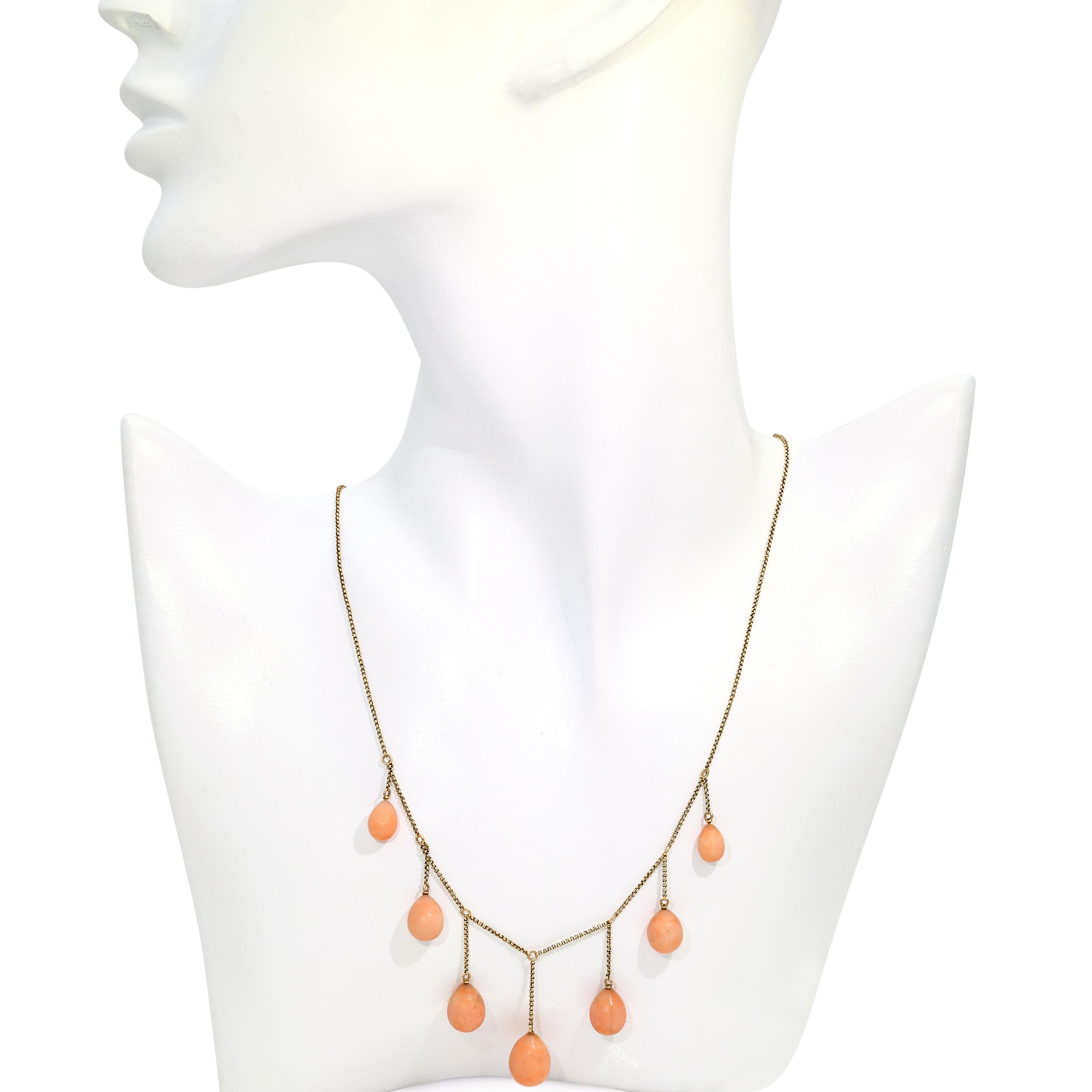 Antique 16k Yellow Gold Graduated Coral Bead Drop Festooon Necklace