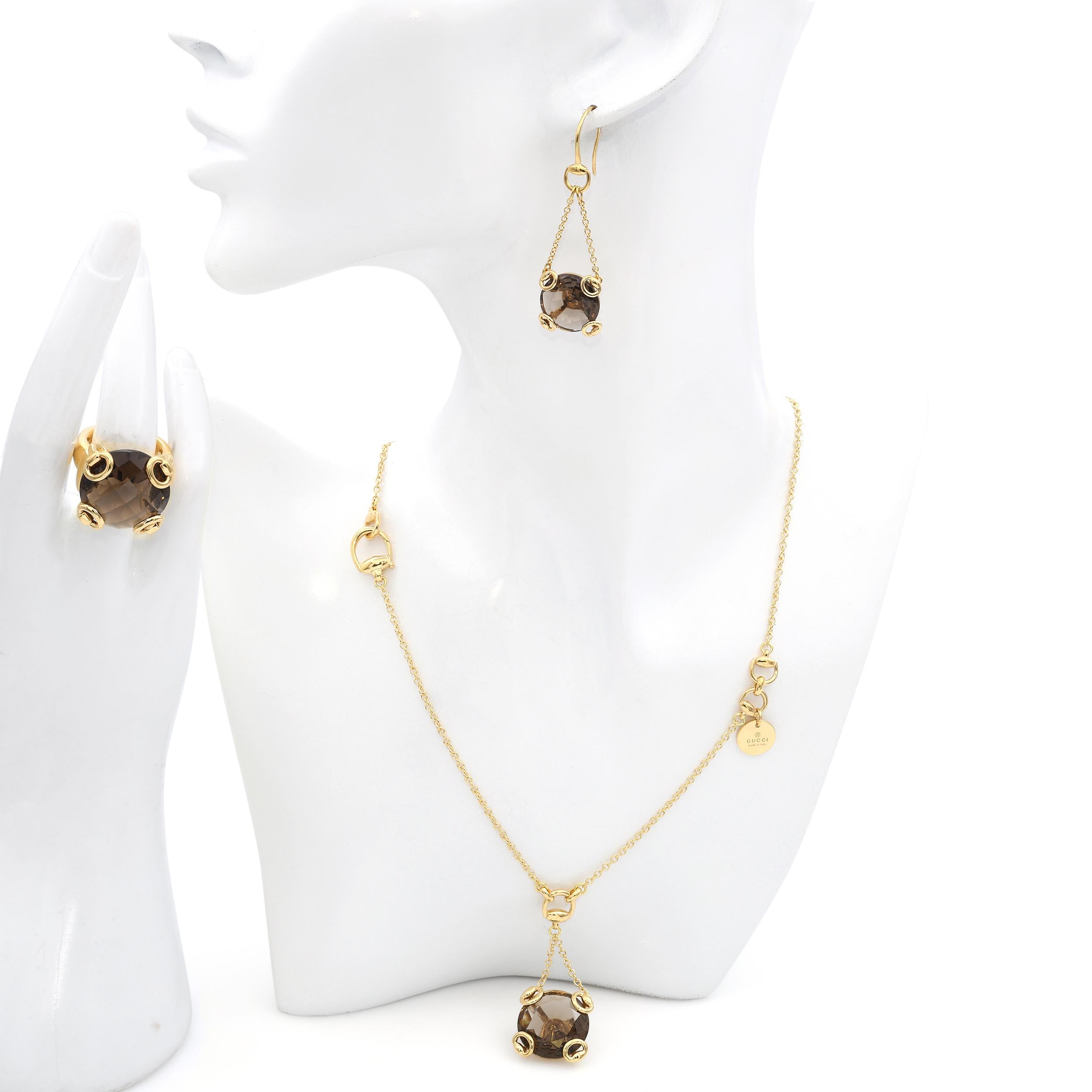Gucci 18k Yellow Gold Horsebit Smoky Quartz Necklace, Earrings and Ring Set