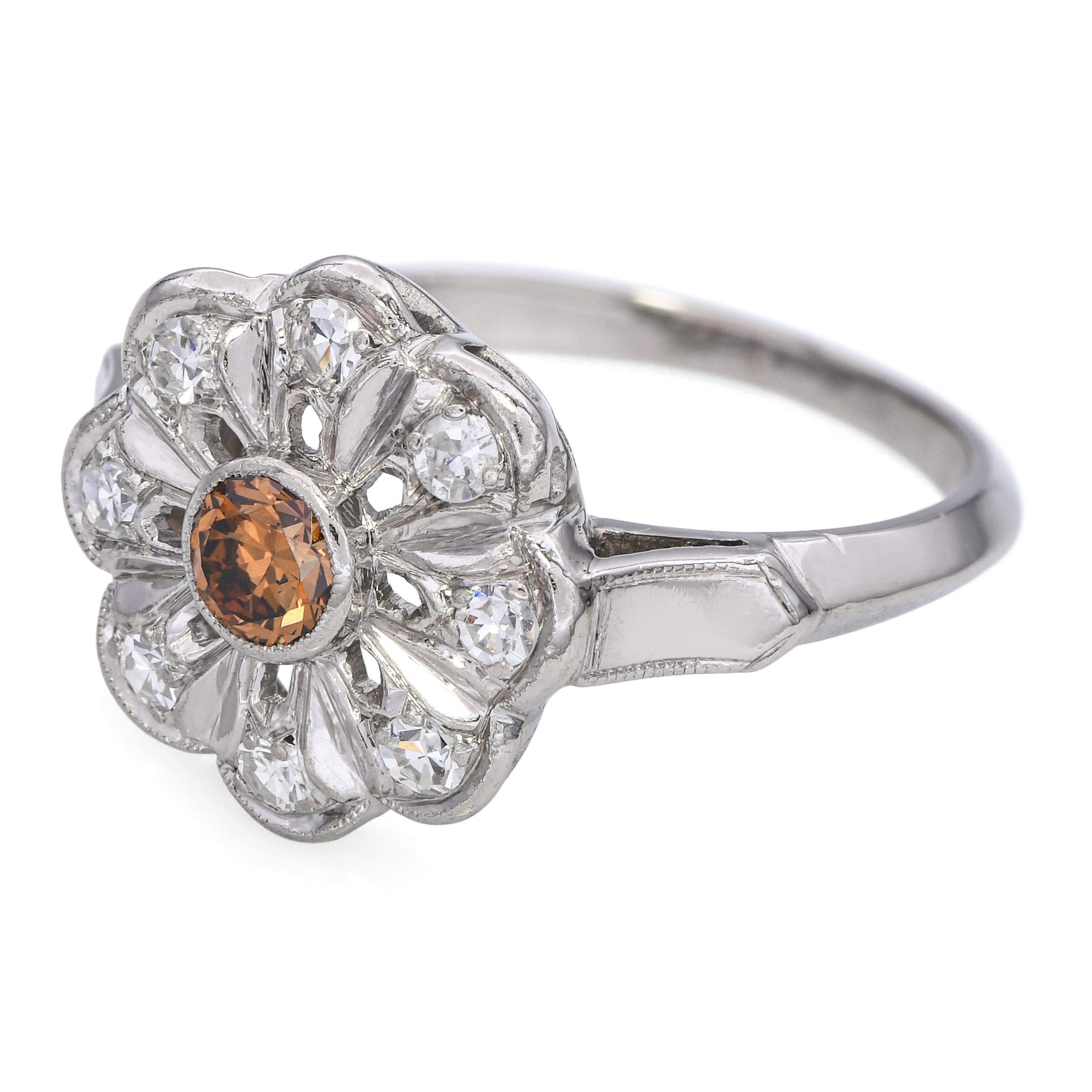 Vintage Platinum Brownish Vivid Orange Single Cut Diamond Halo Ring