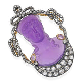 Antique Silver & 14k Yellow Gold Carved Amethyst Lady & Rose Cut Diamond Pendant